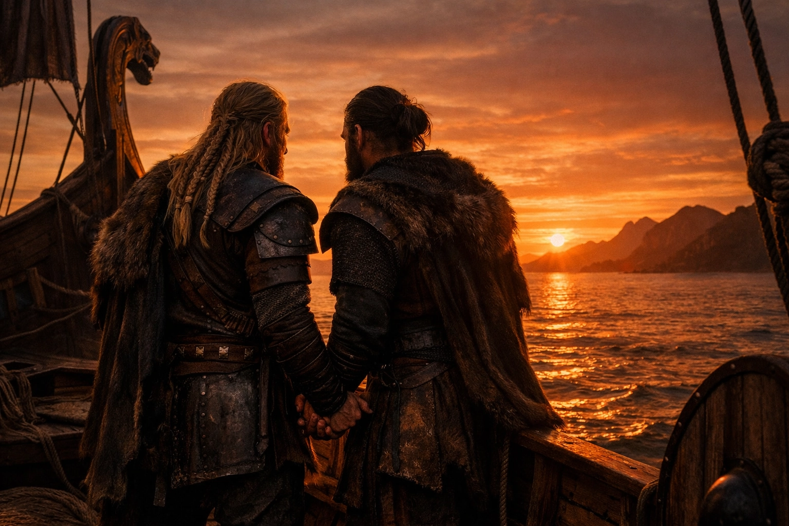 Two Viking warriors hold hands on longship deck at sunset, beginning their journey to a new life together