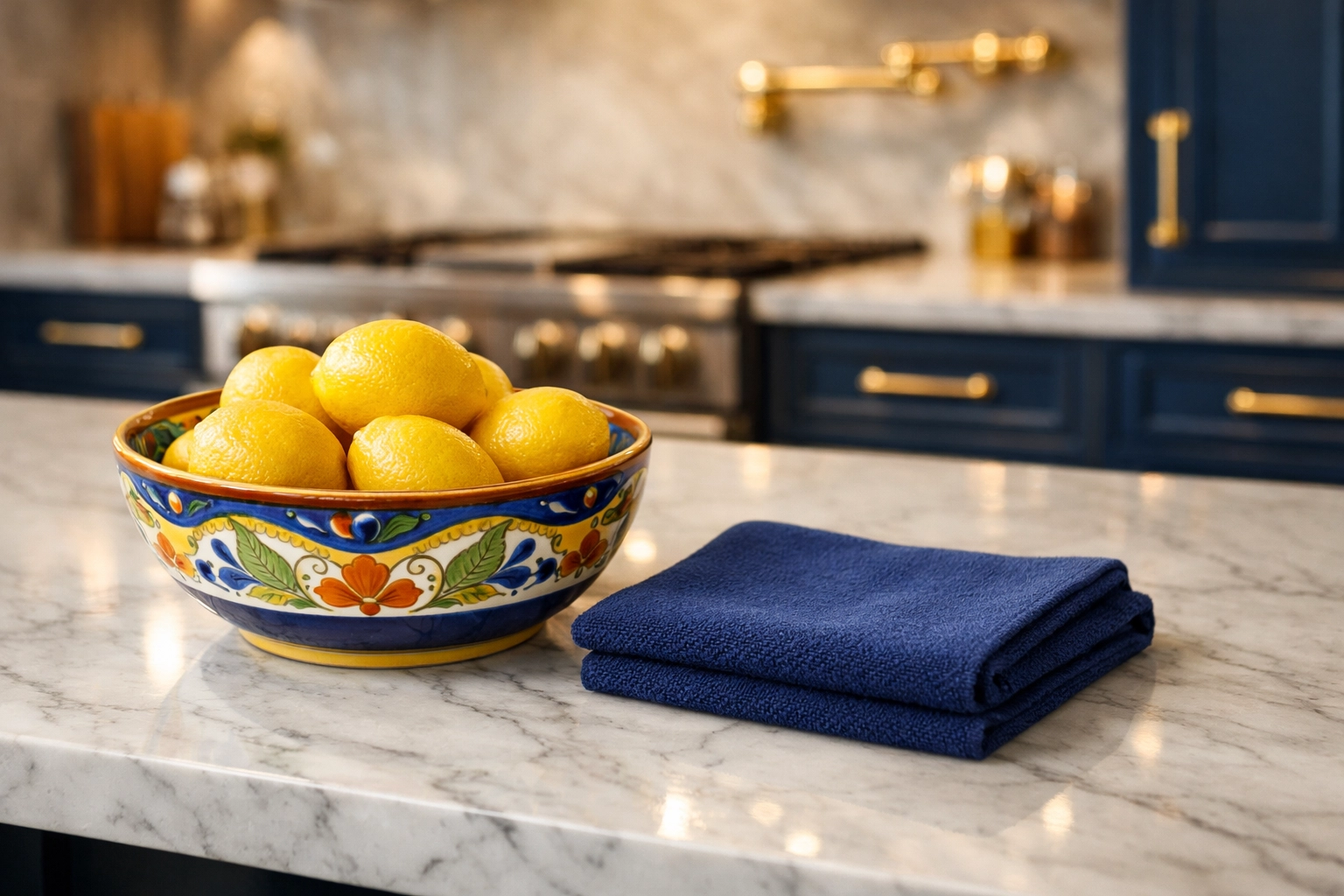 Meticulous kitchen cleaning on a marble island in a Lunenburg residence with customized cleaning standards.