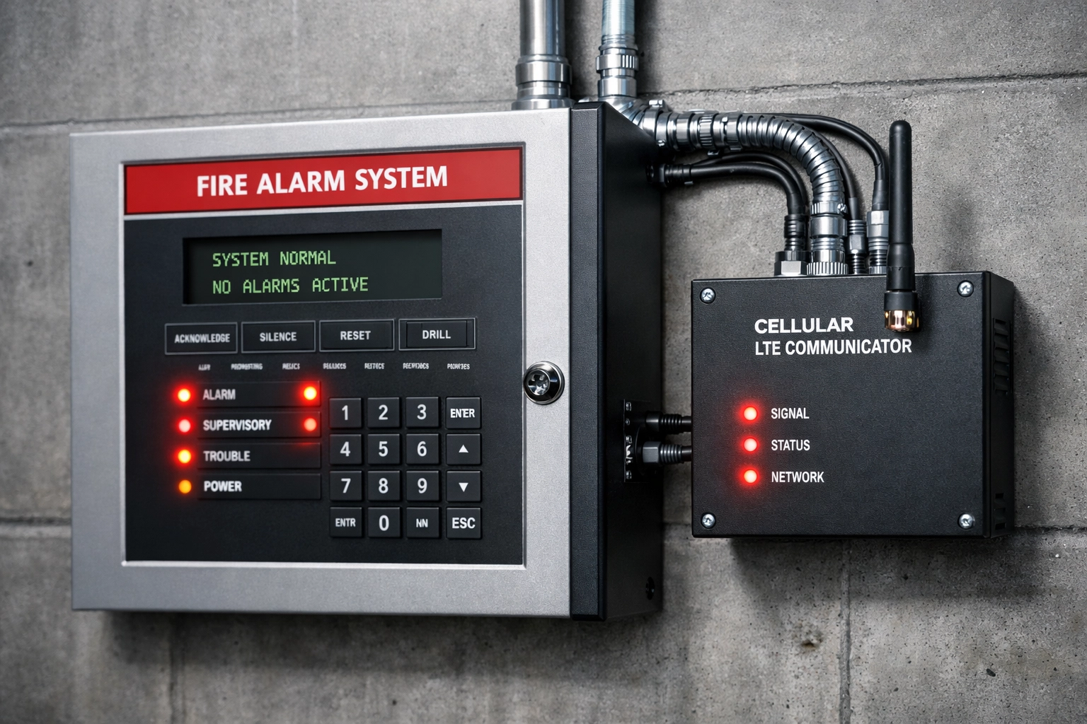 Fire alarm control panel with cellular LTE POTS replacement device for NFPA compliance