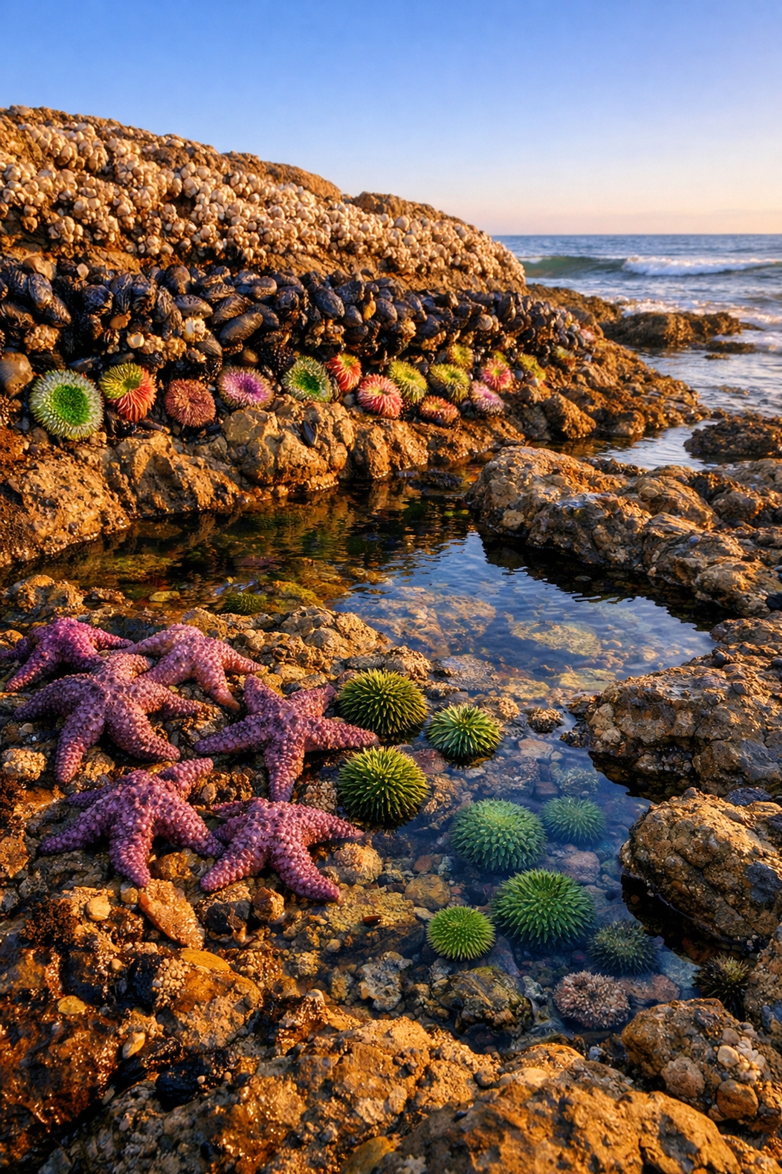 San Diego rocky intertidal zone showing marine life zonation patterns with sea stars and anemones