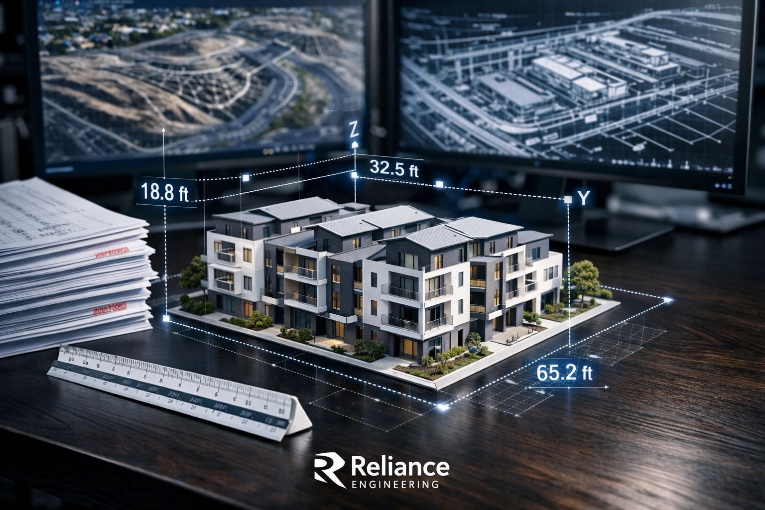 Permit-ready civil engineering drawings and architectural models for a building permit application package.