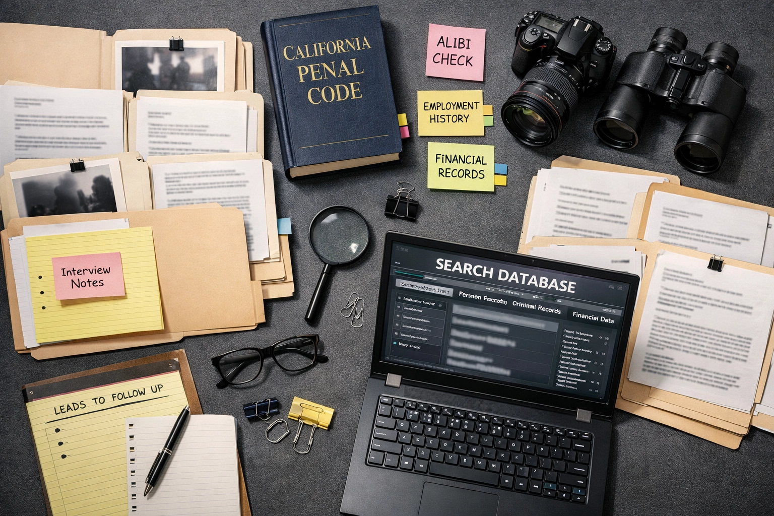 Organized background check investigation workspace with legal files and research tools