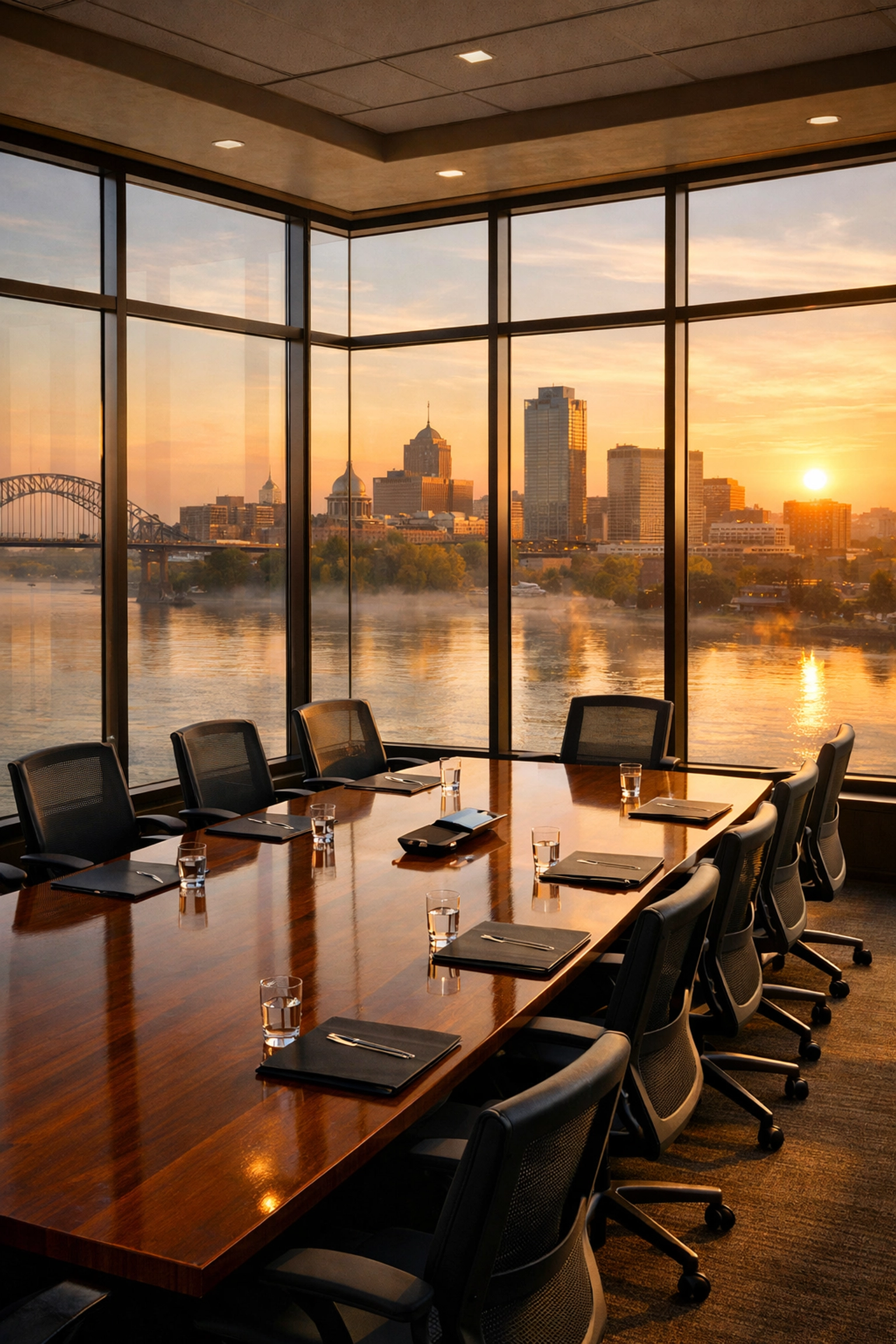 Modern boardroom overlooking a Mississippi city skyline, illustrating regional business market trends.