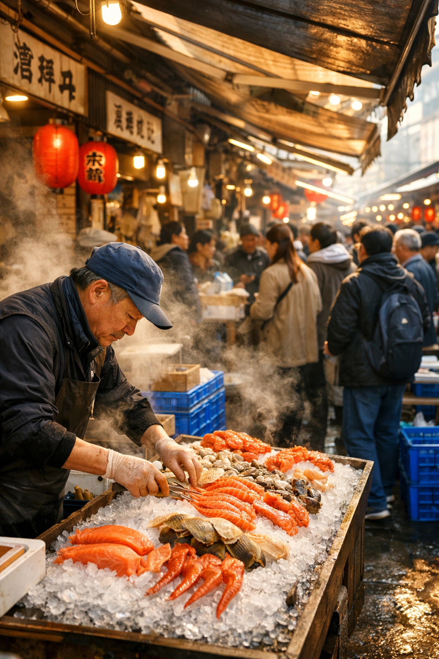 Bustling morning at Tsukiji Outer Market with vendors preparing fresh seafood stalls in Tokyo.