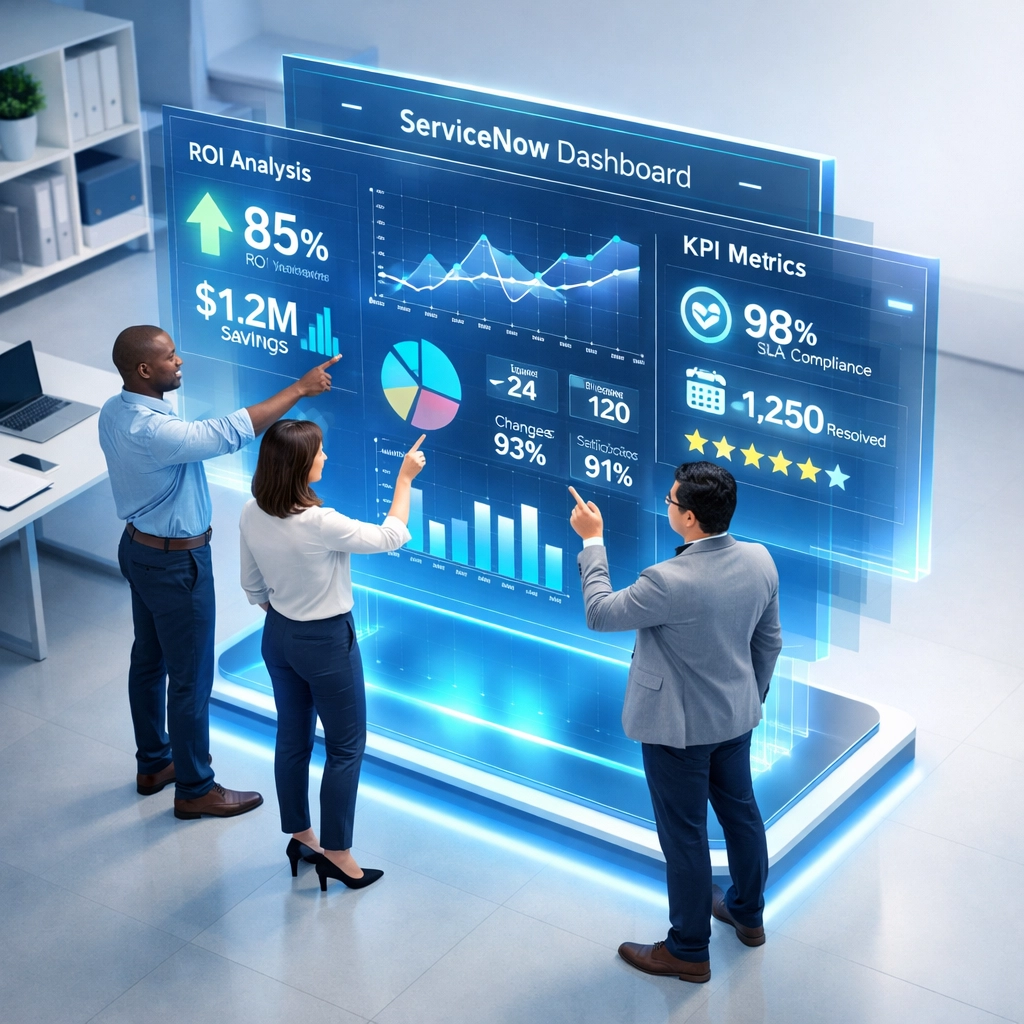 ServiceNow implementation team reviewing ROI metrics and KPI dashboards