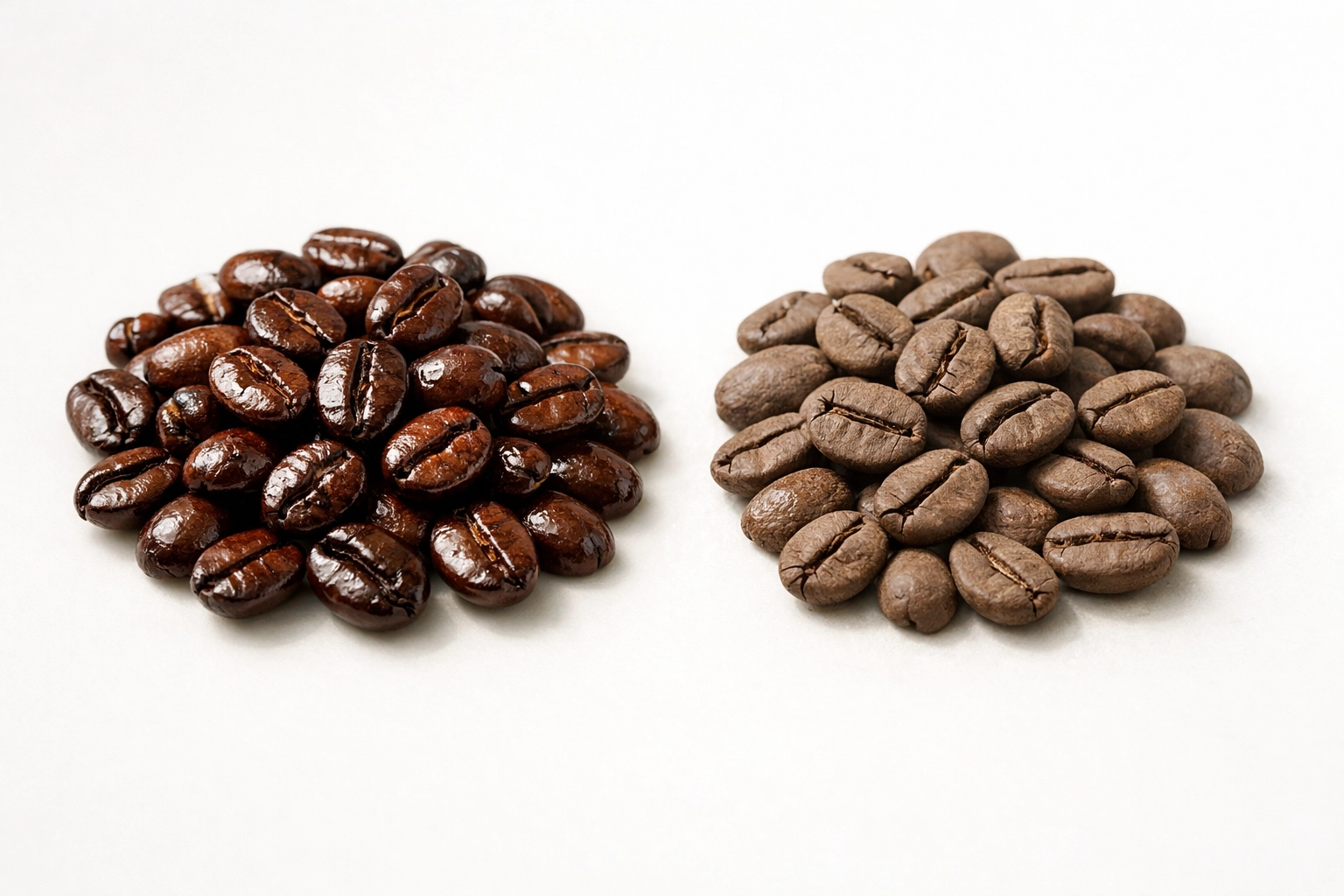 Fresh roasted coffee beans compared to stale beans showing quality difference