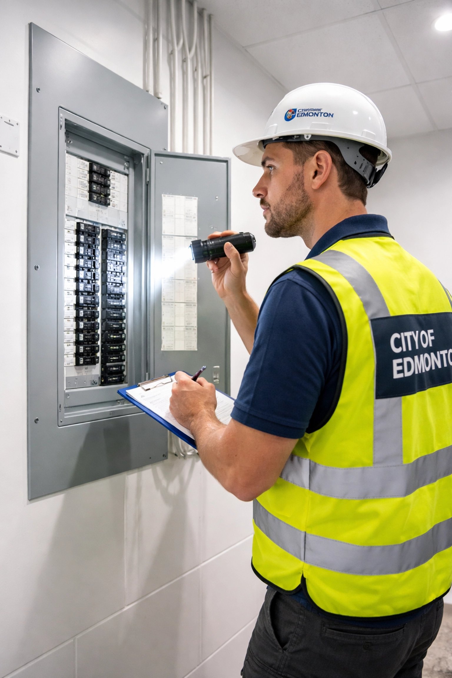 City of Edmonton inspector examining a new residential electrical panel for safety compliance and code approval