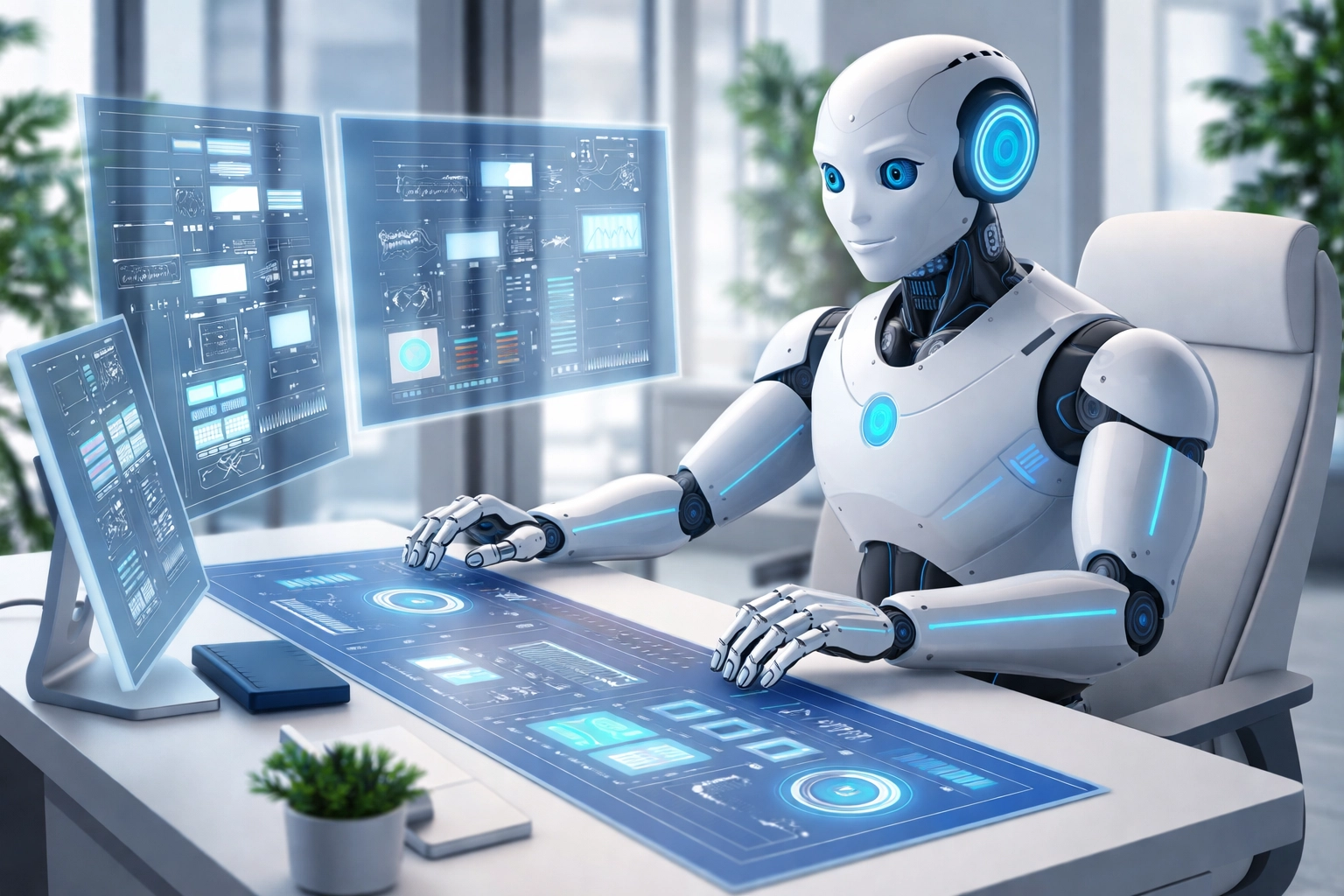 Agentic AI digital employee working autonomously on multiple business workflows and dashboards