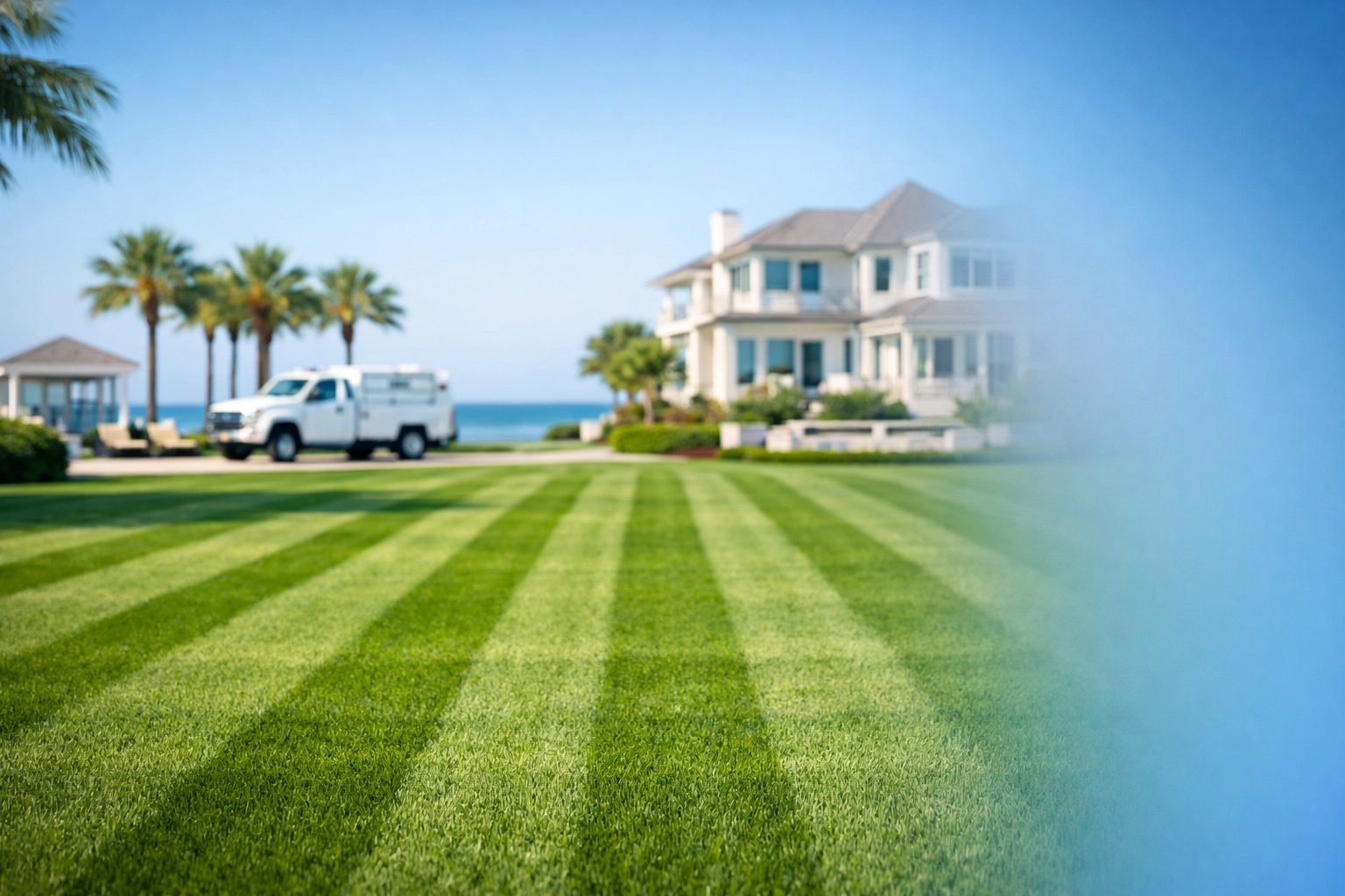Professionally landscaped coastal estate in Alabama with manicured lawn and service truck on site.
