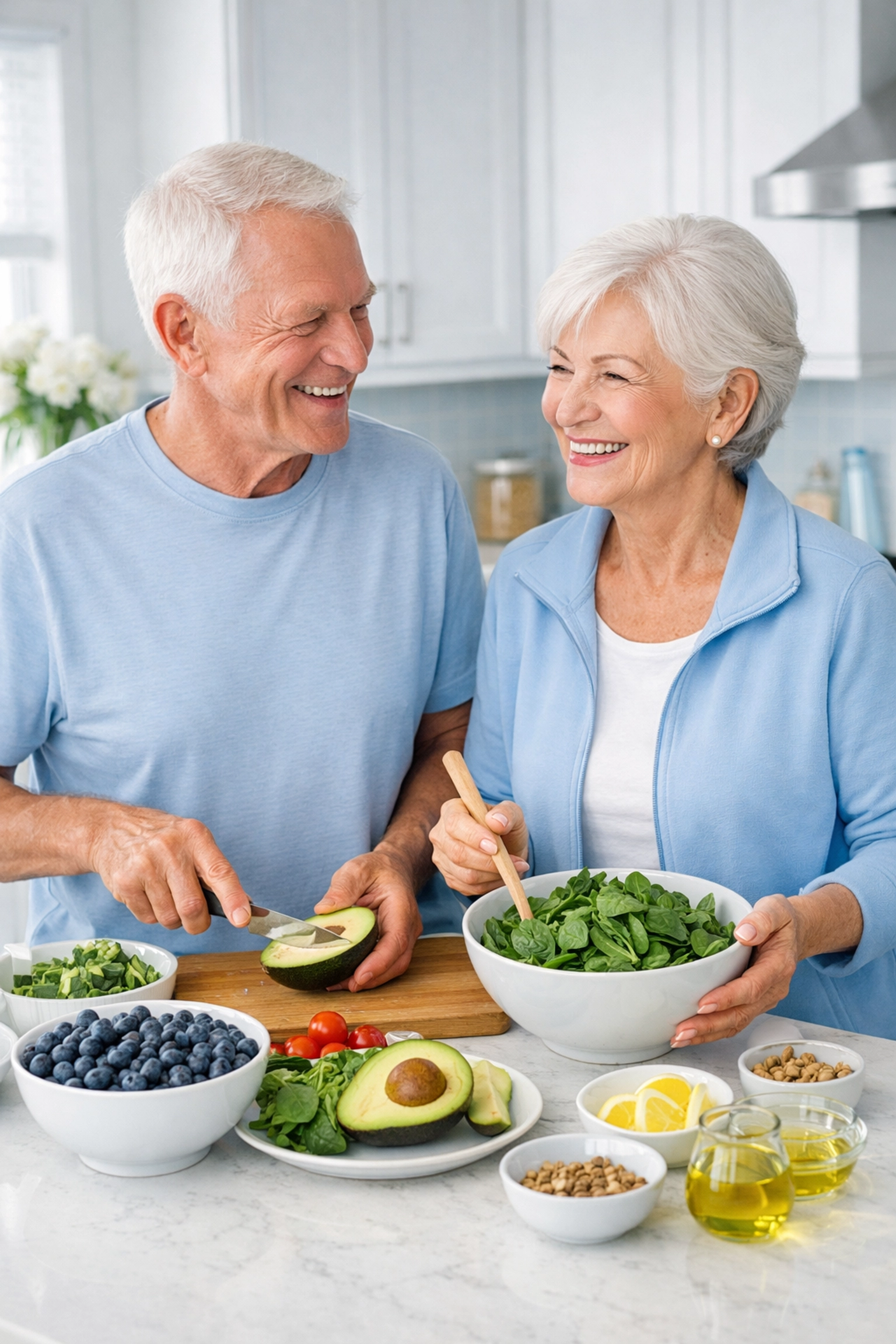 Active seniors preparing anti-inflammatory foods to support wellness and reduce chronic pain naturally.