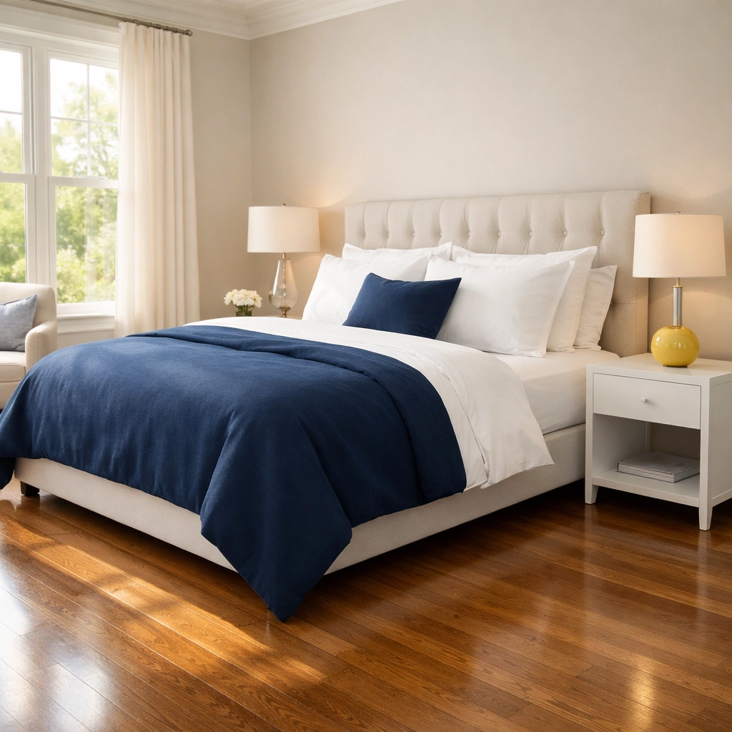 Spotless luxury bedroom with hardwood floors from professional eco-friendly house cleaning in Massachusetts.