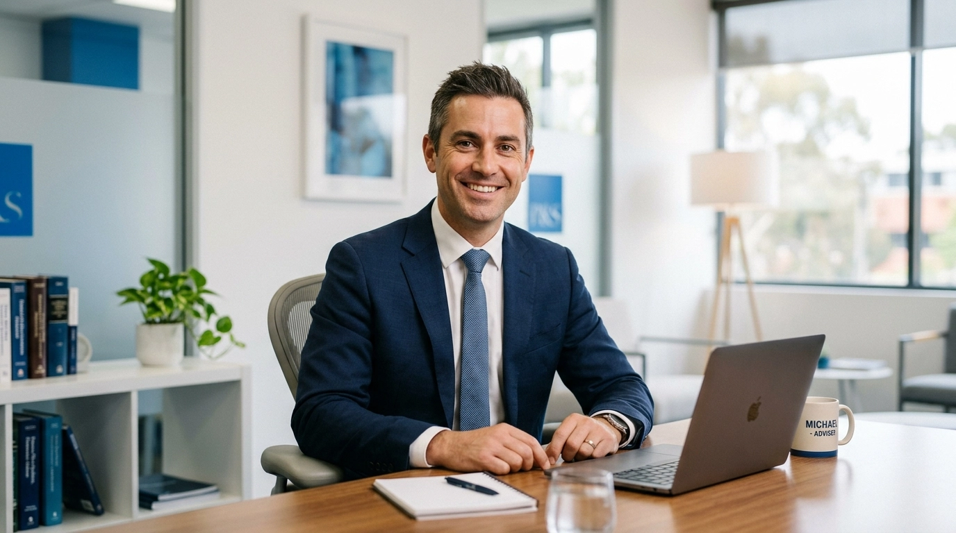 A friendly financial adviser in a professional, modern office setting.