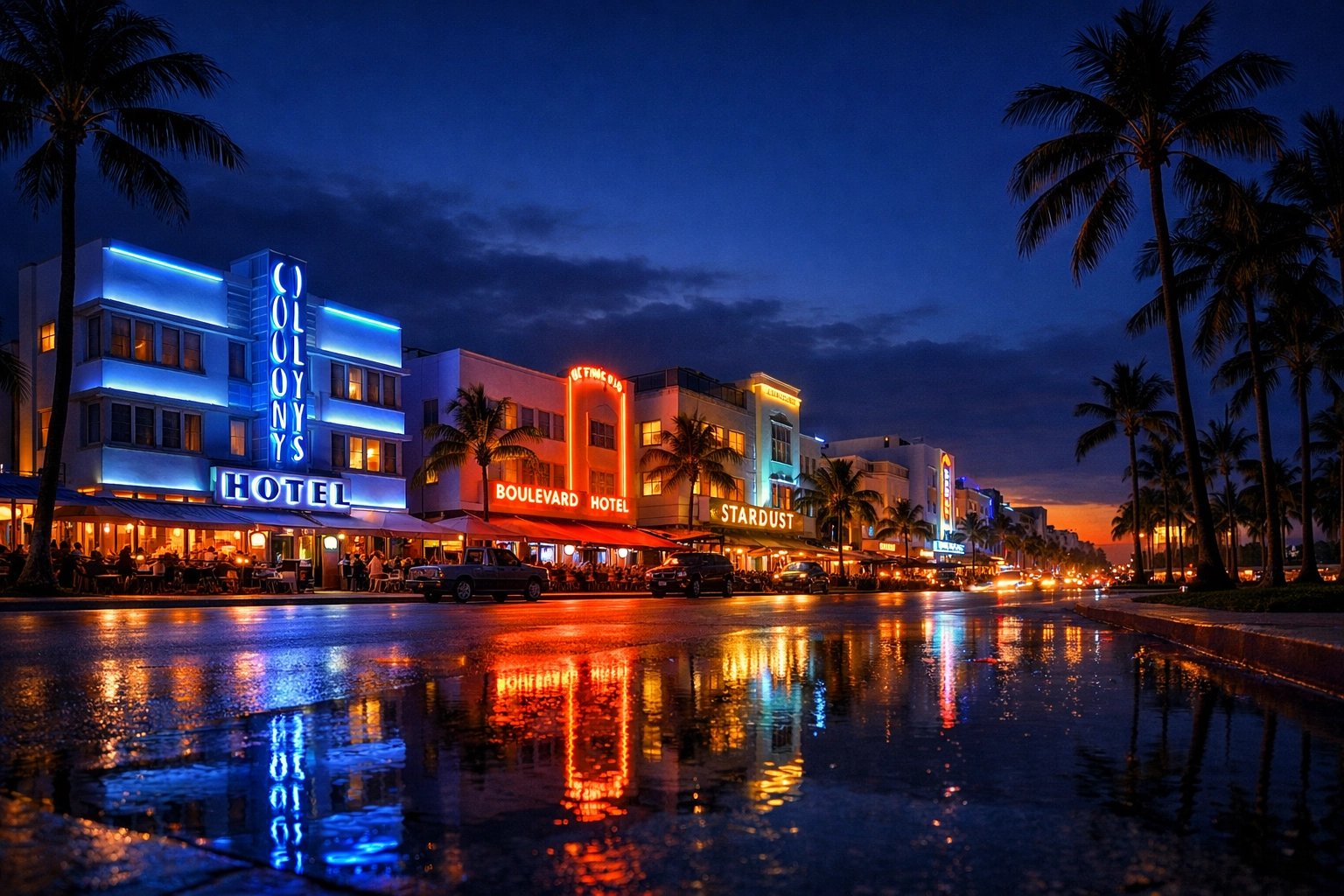 Iconic South Beach Art Deco architecture and neon lights during blue hour in Miami.