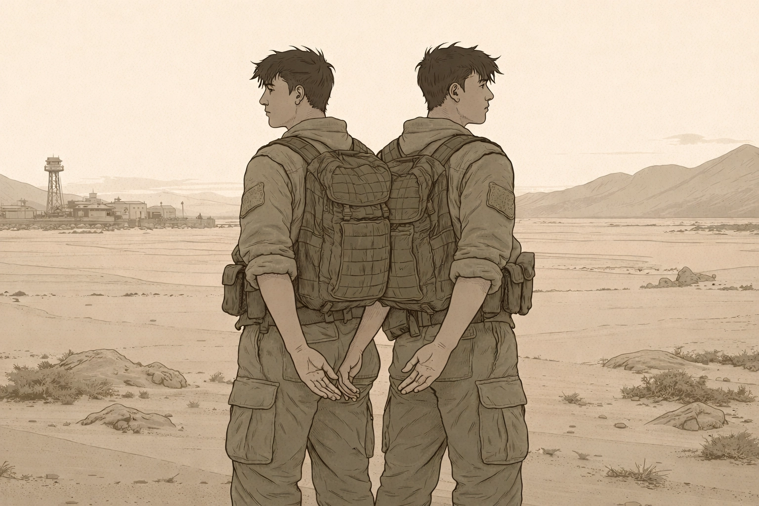 Two male soldiers stand back-to-back in the desert, reaching for one another while torn between duty and love in a high-stakes MM relationship.