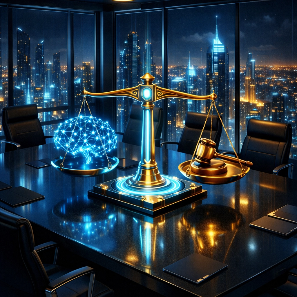 A digital scale balancing an AI neural network and a gavel to illustrate AI governance and legal compliance.