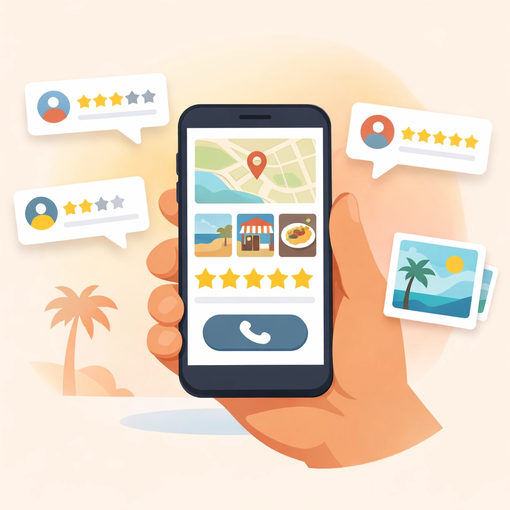 Mobile phone showing a Google Business Profile with five-star reviews for a local Venice company.