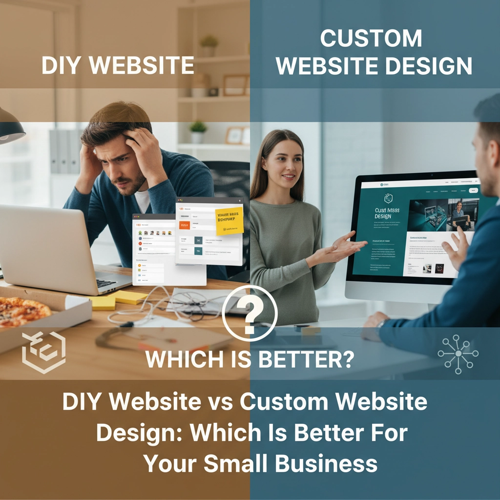 Small business website design concept with laptop, UI wireframes, and branding elements