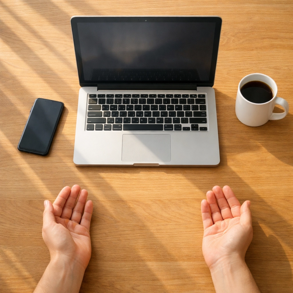 Paused workspace at midday with laptop and phone set aside for intentional break