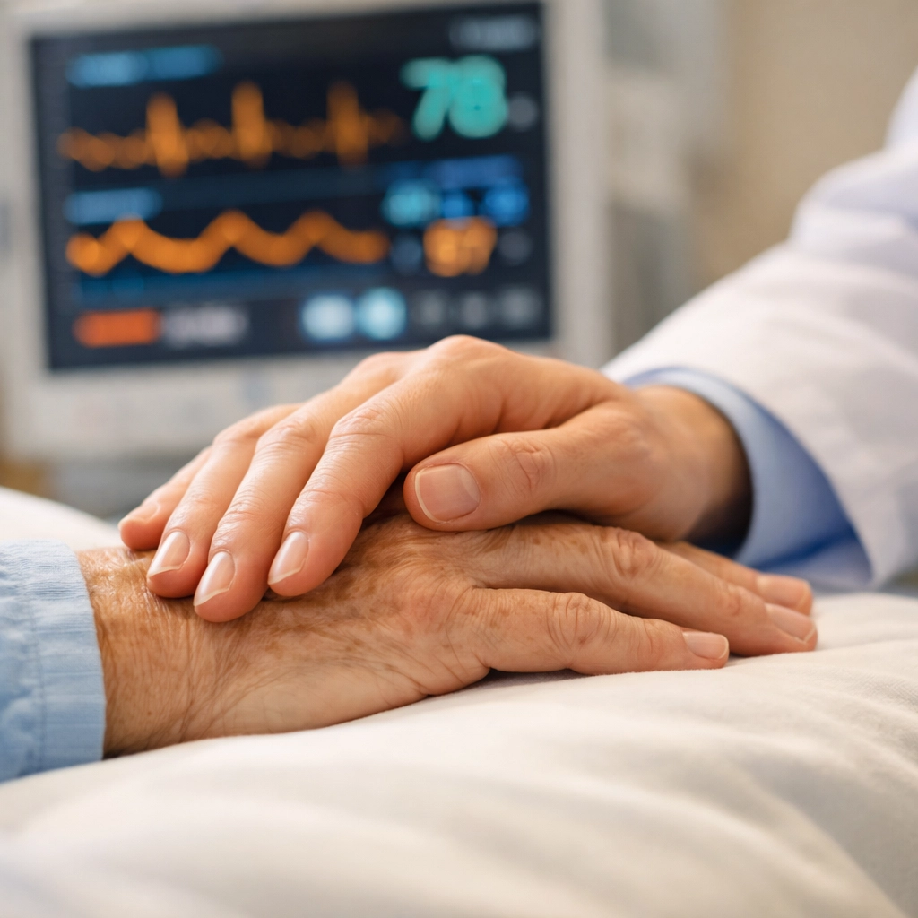Clinician holding a patient's hand, showing how better staffing leads to improved patient care.