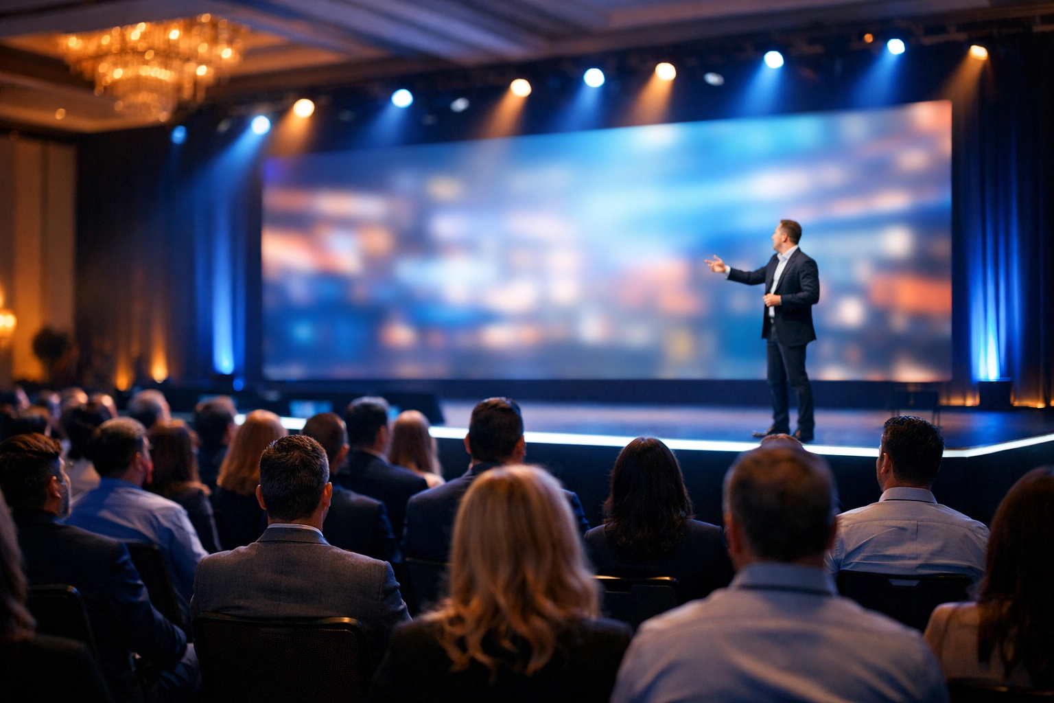 Conference photographer miami documenting a corporate keynote speaker in a professional ballroom setting.