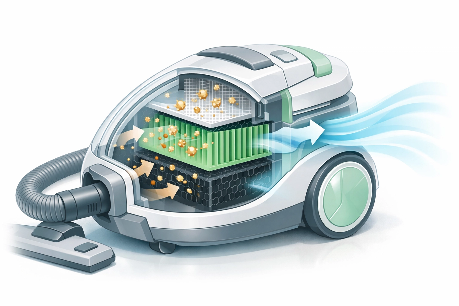 HEPA filter vacuum system capturing allergens and particles for better indoor air quality