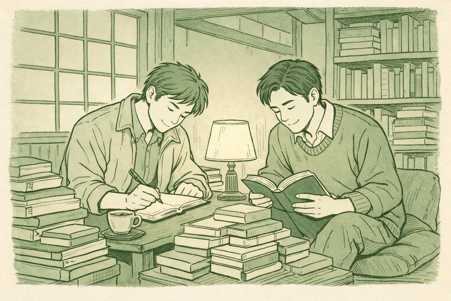 Two men share books in hidden 1980s Tokyo Shinjuku bookshop - Japanese gay romance setting