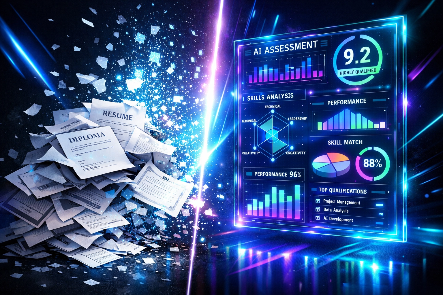 Traditional resume screening transforming into AI-powered assessment dashboards with performance metrics