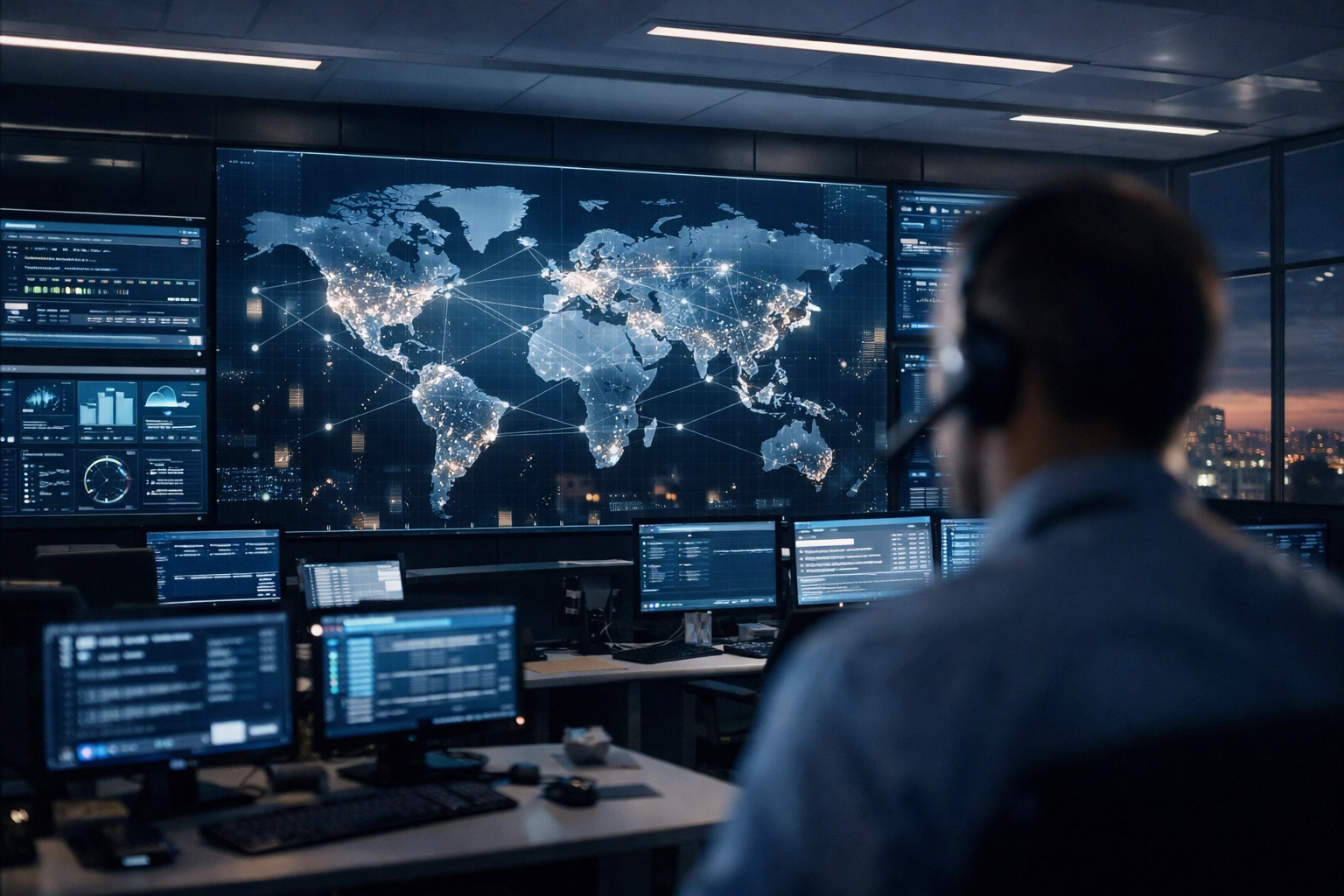 IT experts monitoring global networks in a modern operations center for managed IT infrastructure services.