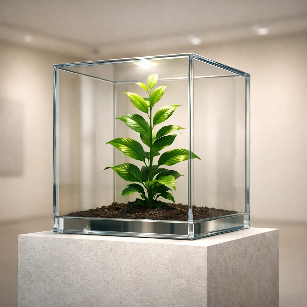A green plant inside a protective glass cube symbolizing the sword of growth and the shield of financial safety.