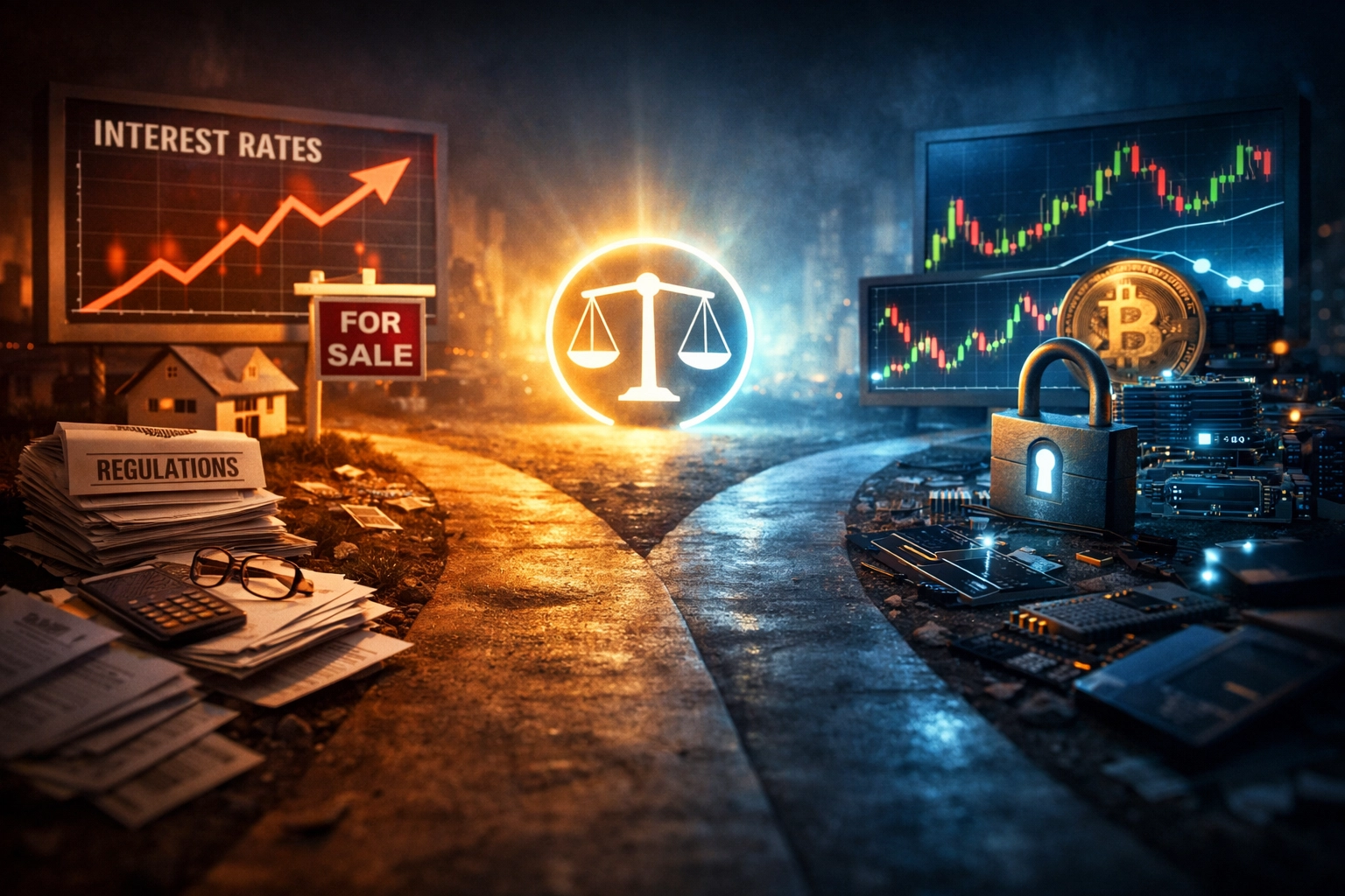 Diverging paths showing real estate and cryptocurrency investment risks converging to balanced portfolio