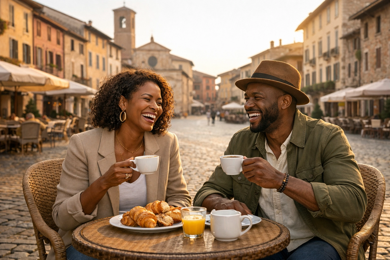 Couple enjoying a relaxed morning at a European cafe as part of a balanced custom travel itinerary.