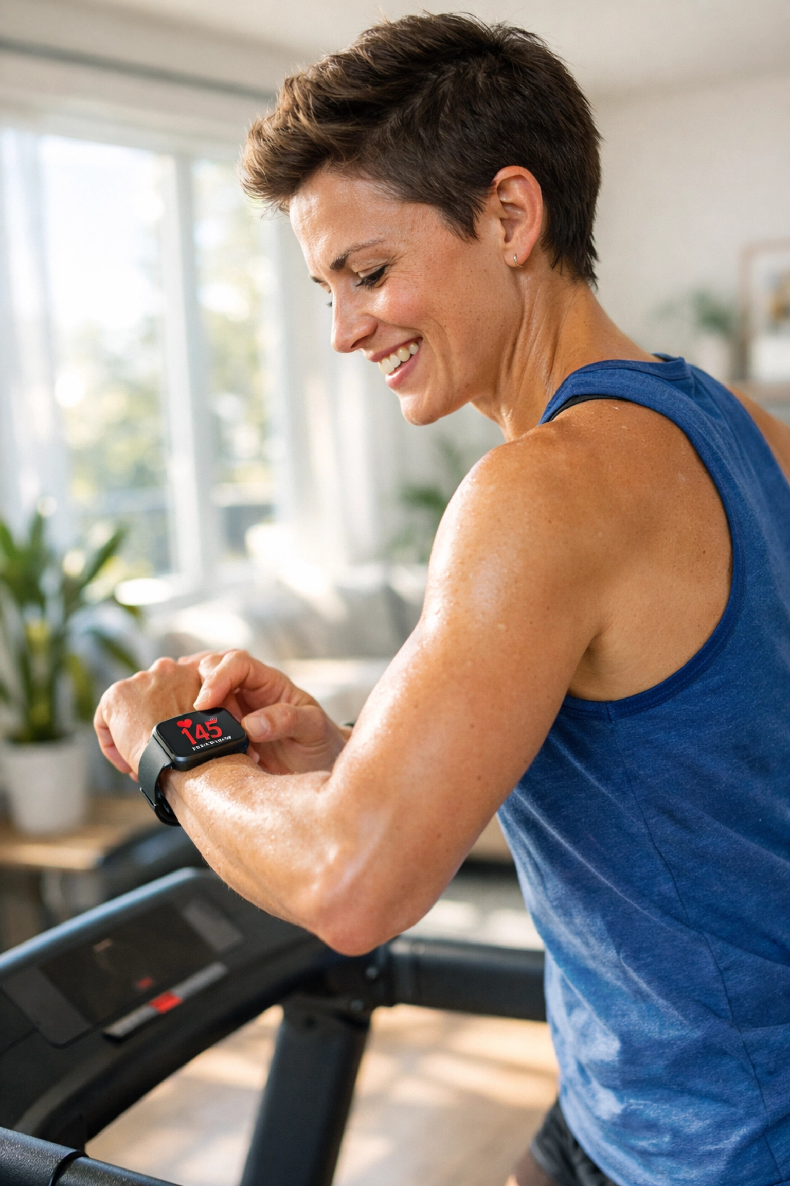 Personne vérifiant sa fréquence cardiaque sur montre connectée pendant cardio zone 2 à domicile