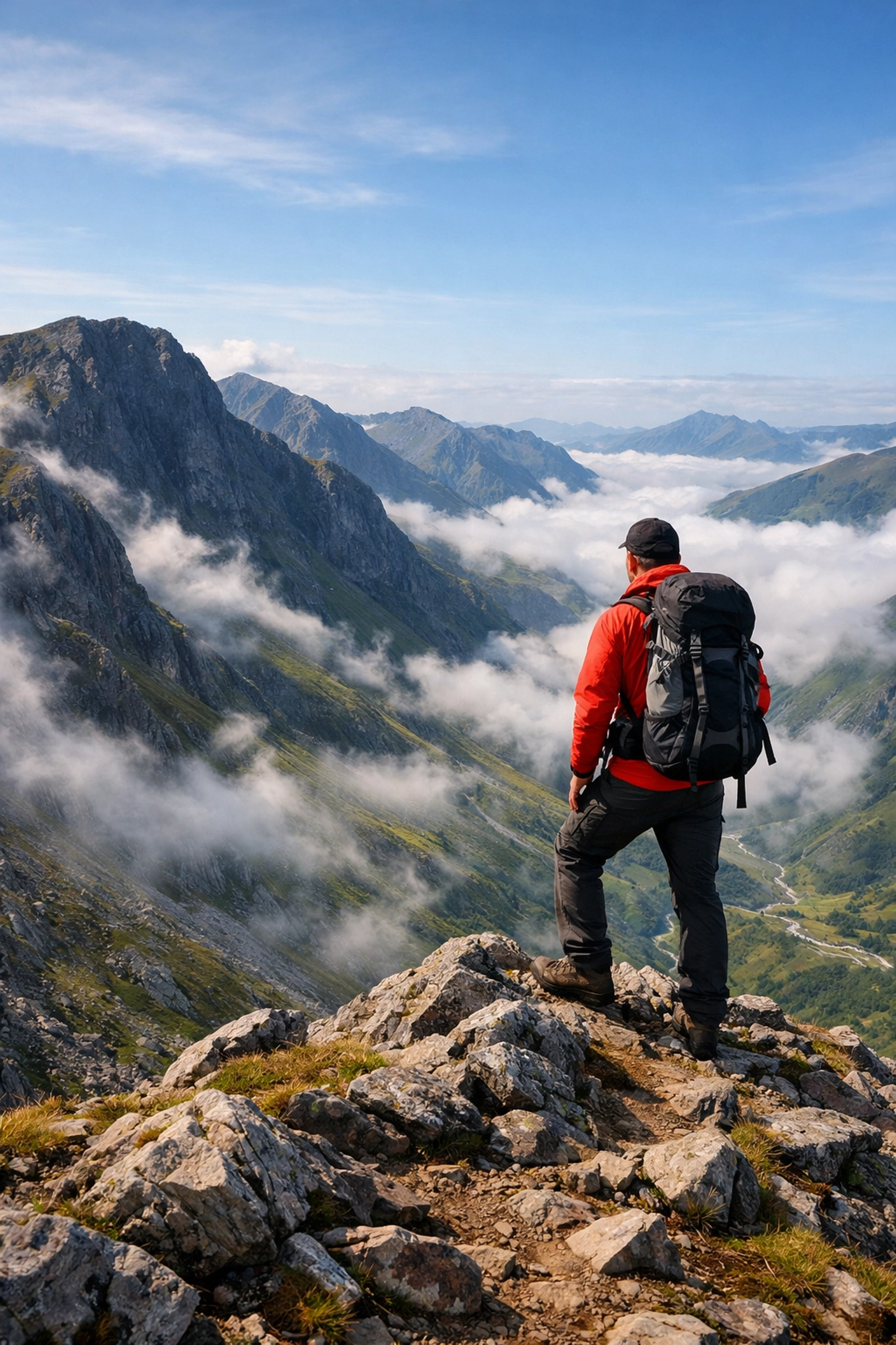 Hiker on a rocky ridge in the Scottish Highlands during one of our guided hiking tours UK.