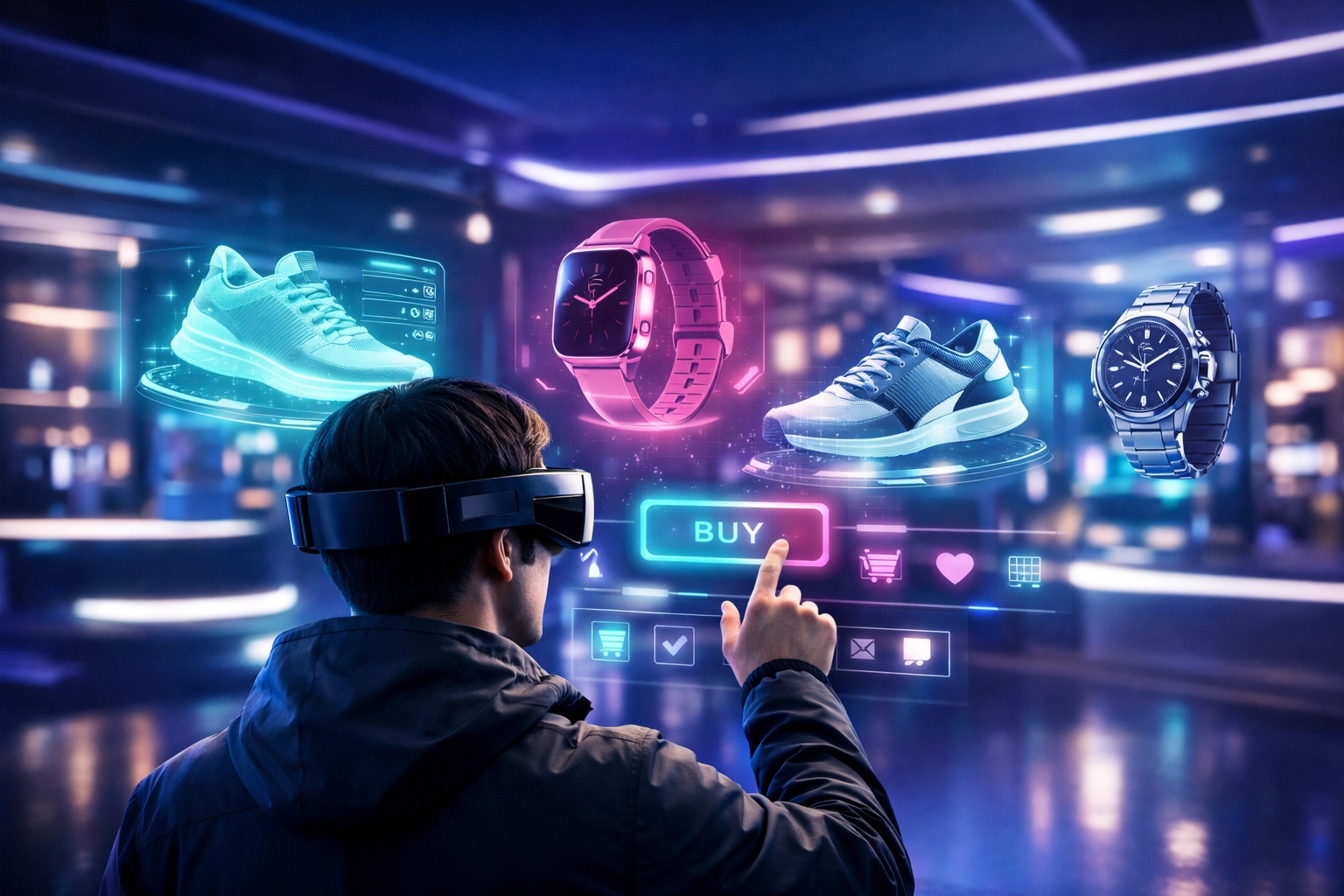 Immersive metaverse shopping experience using AR to browse products with Larecoin Web3 payment integration.