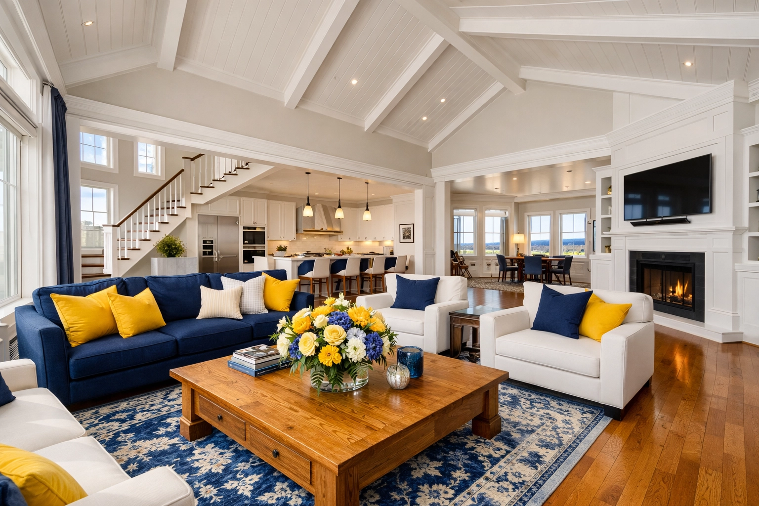 Clean living room in a large Lunenburg multi-generational home with hardwood floors.