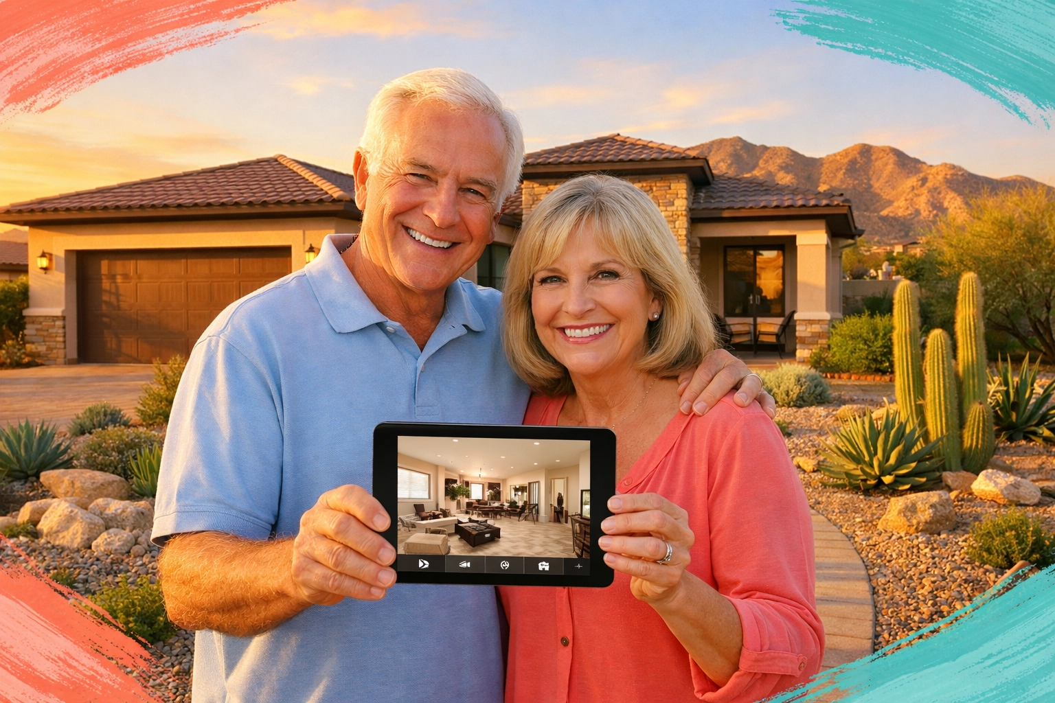 Retirees using tablet for virtual home tour at Sun City Festival Buckeye Arizona