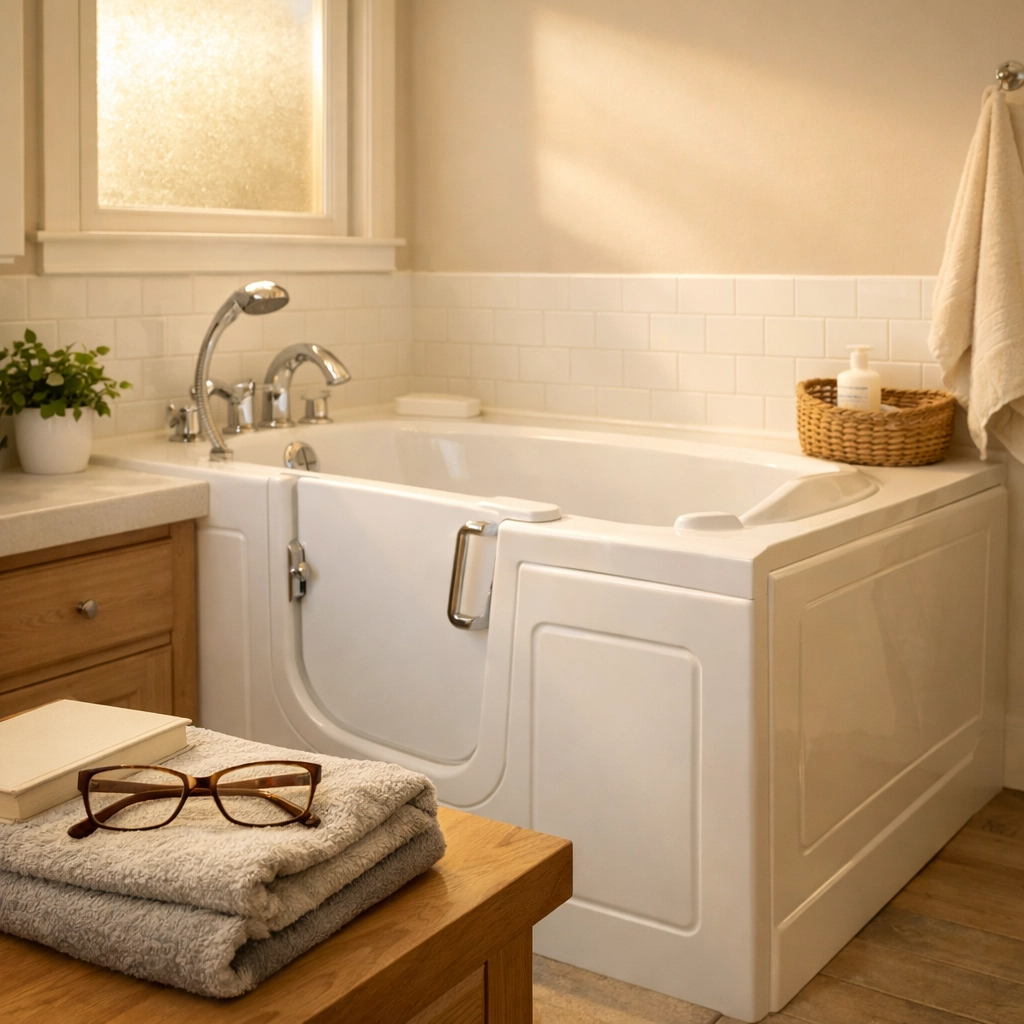 Walk-in tub bathroom interior showing daily convenience for seniors