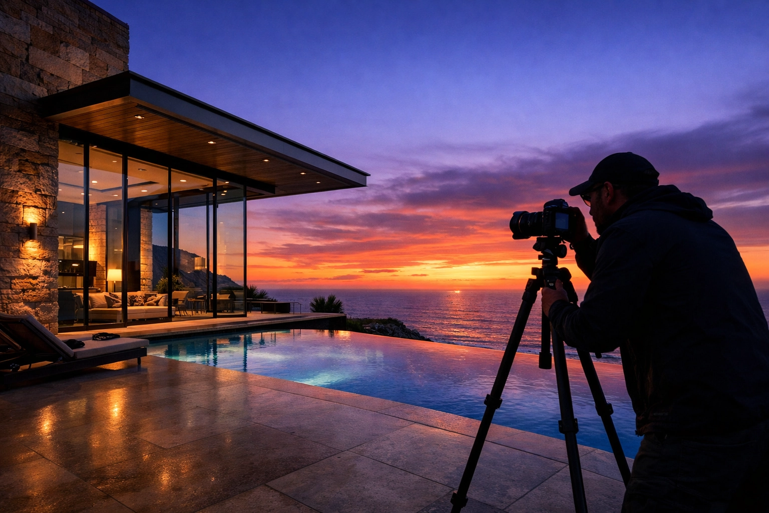 Photographer shooting a luxury oceanfront villa at sunset, highlighting one of the best photography locations.