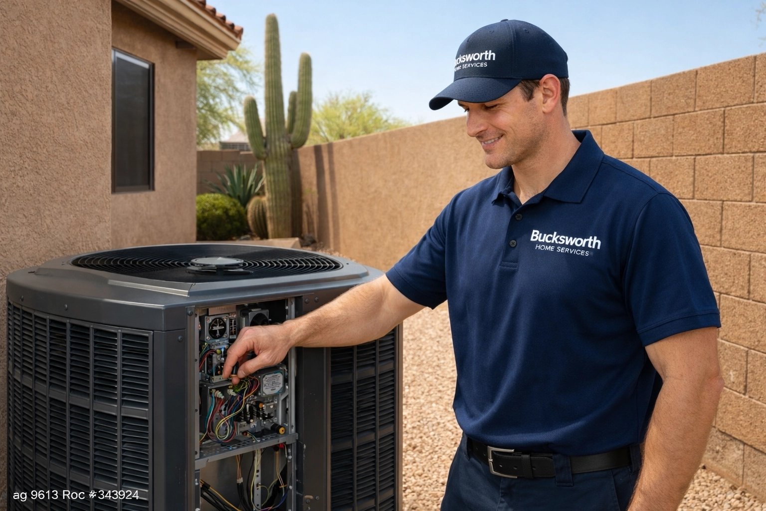 Bucksworth Home Services technician performing professional AC maintenance on a Phoenix outdoor unit.