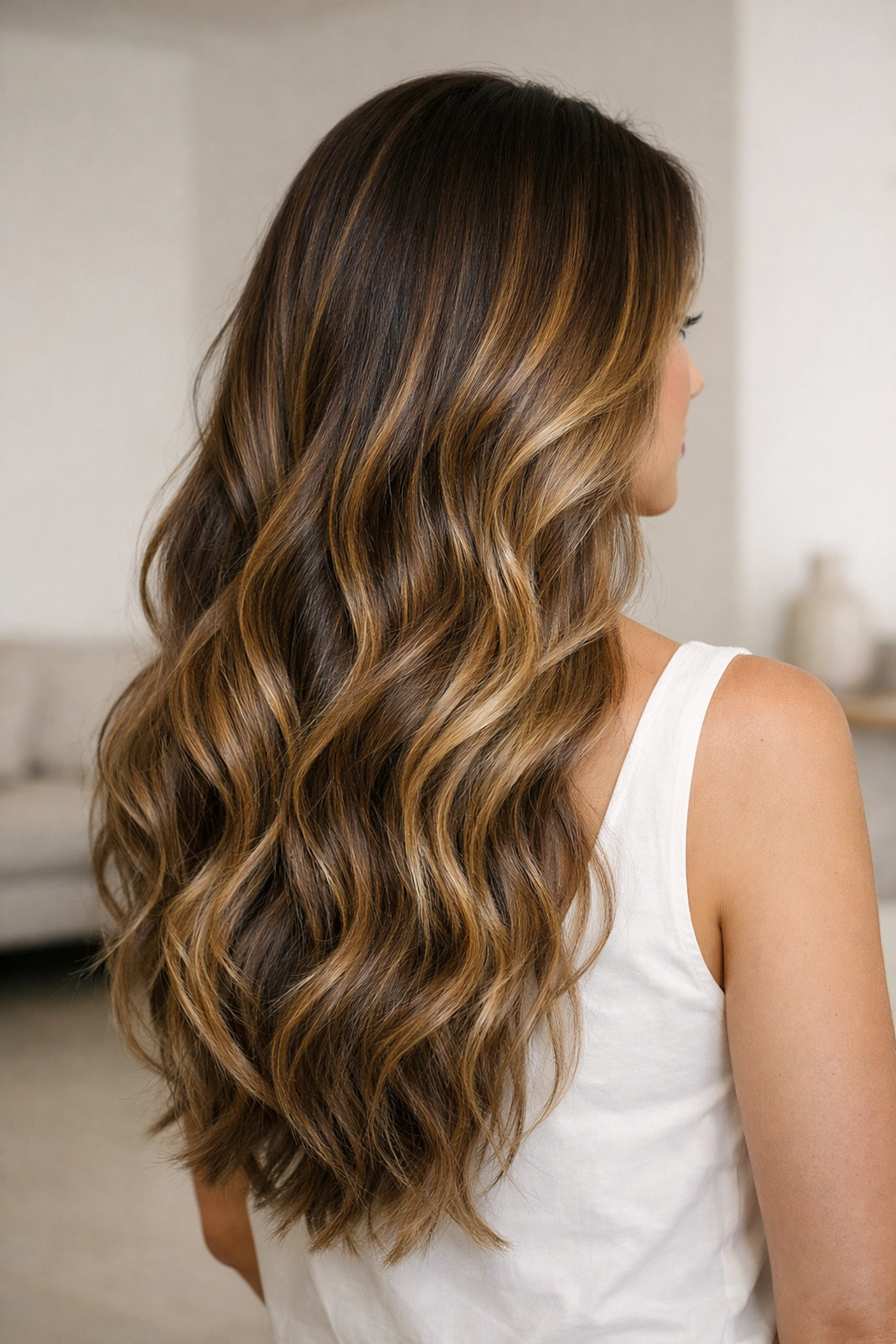 Custom balayage hair color with honey highlights and chocolate roots at a hair salon in Concord NH.