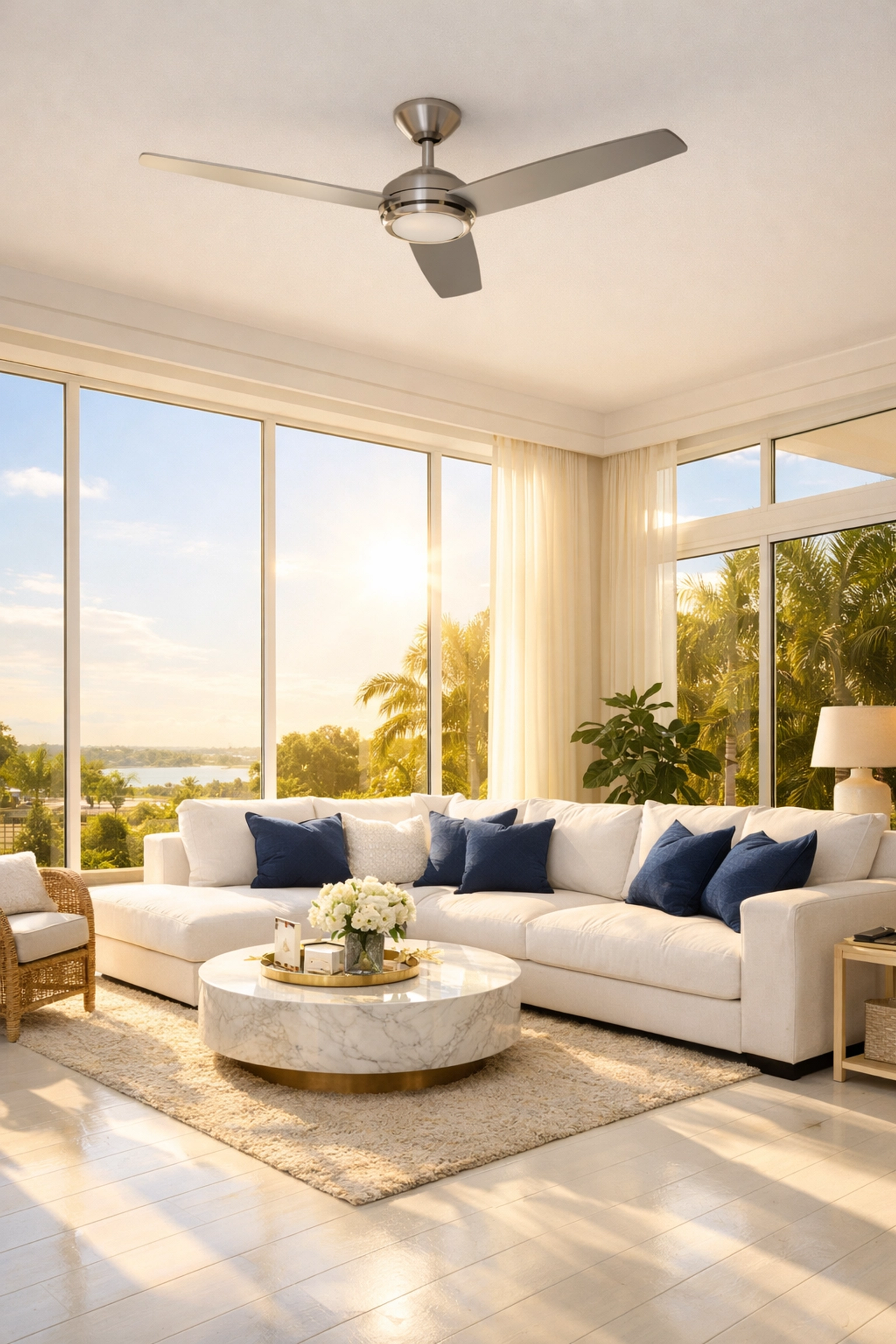 Bright living room with clear windows and a clean ceiling fan highlighting seasonal deep cleaning.