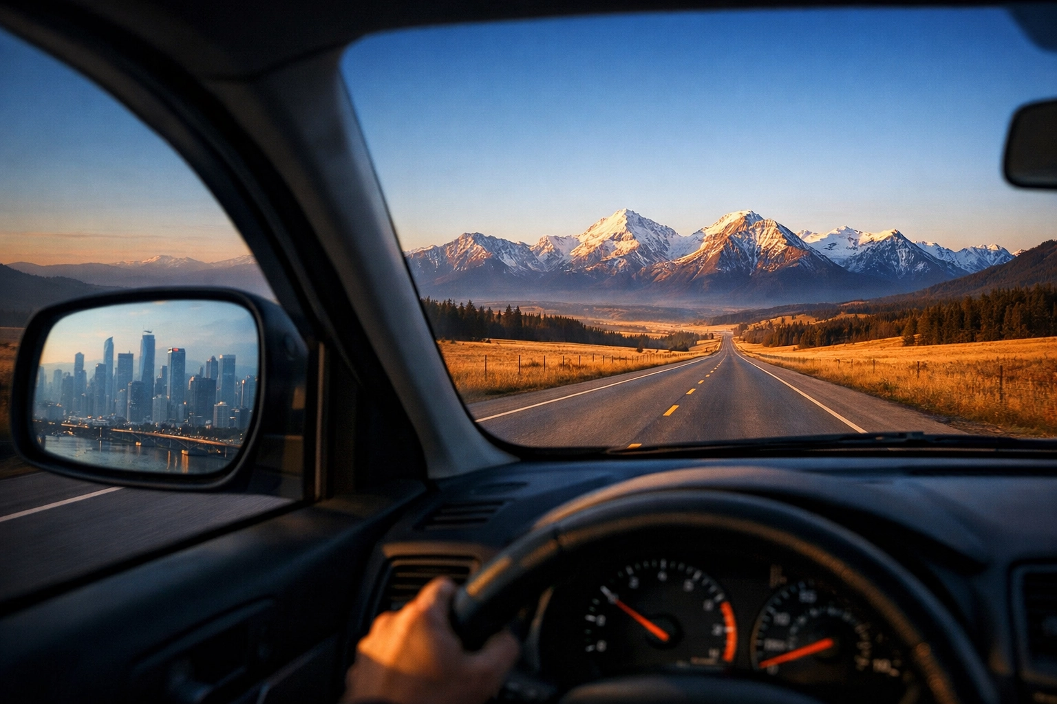 Highway view of the Canadian Rockies and prairies representing interprovincial migration trends.