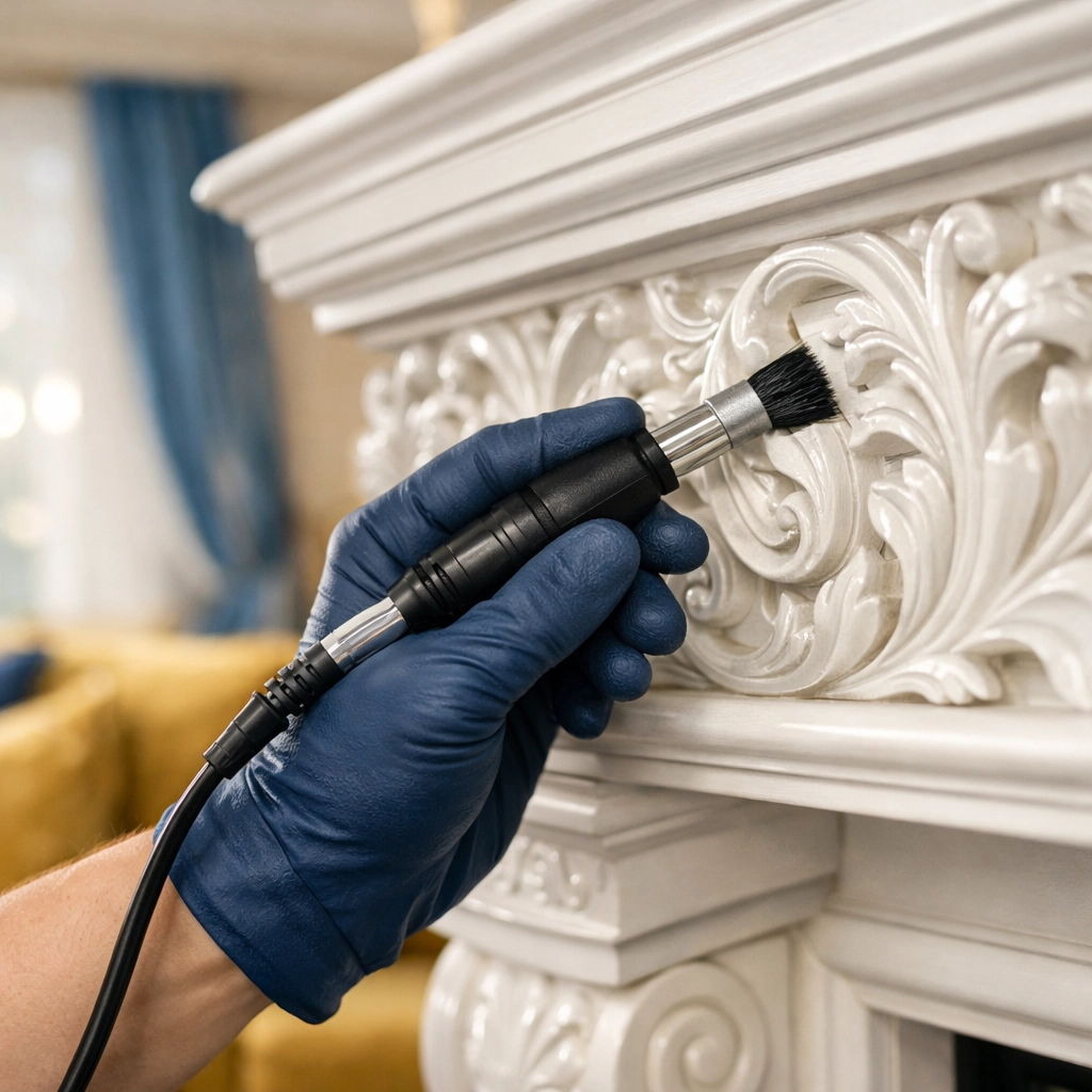 Detailed Sherborn estate cleaning of an ornate white fireplace mantel by a professional cleaning expert.