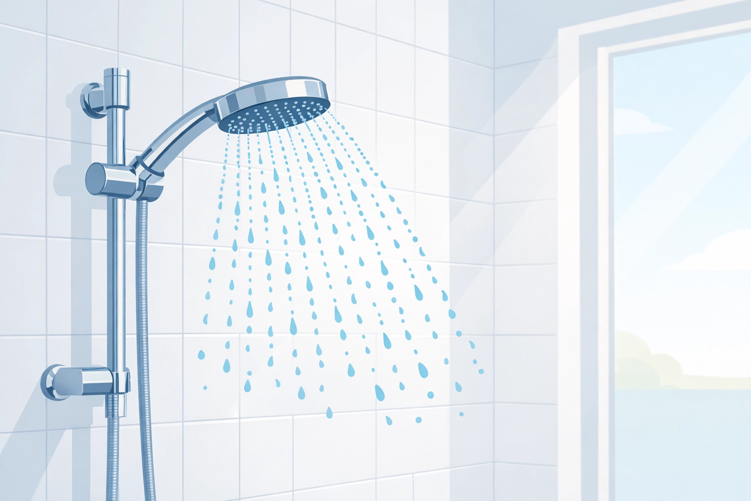 Modern chrome showerhead installed on white bathroom tile wall