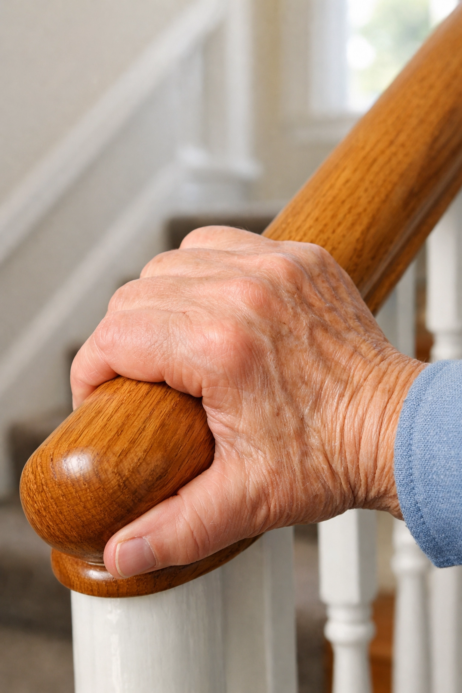 Close-up of a senior's hand using a secure power grip on a sturdy wooden handrail for stair safety.