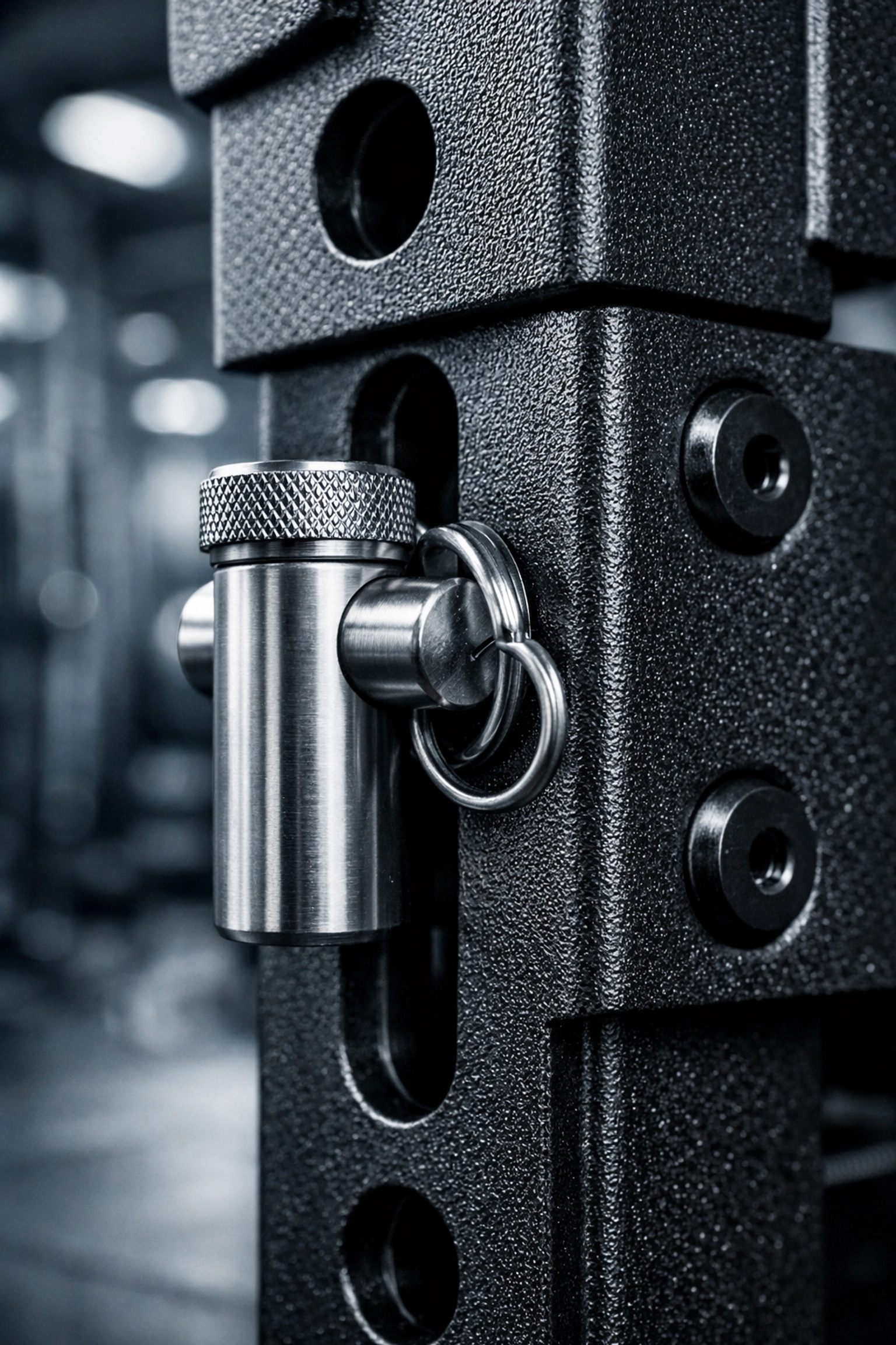 Heavy-duty locking hardware of the Resistance Rail, a no wall damage workout system for home gyms.