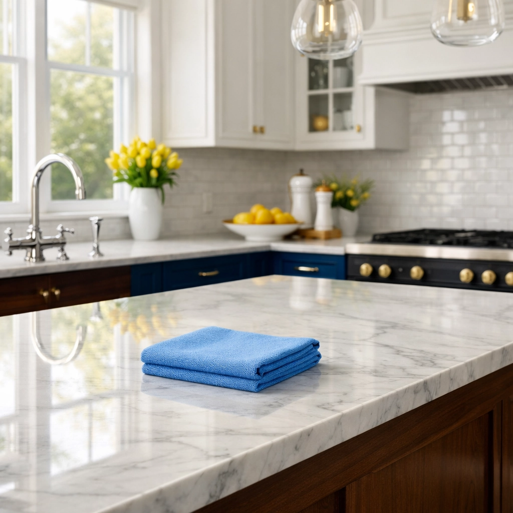 Luxury house cleaning Newton MA services showing a spotless marble kitchen countertop.
