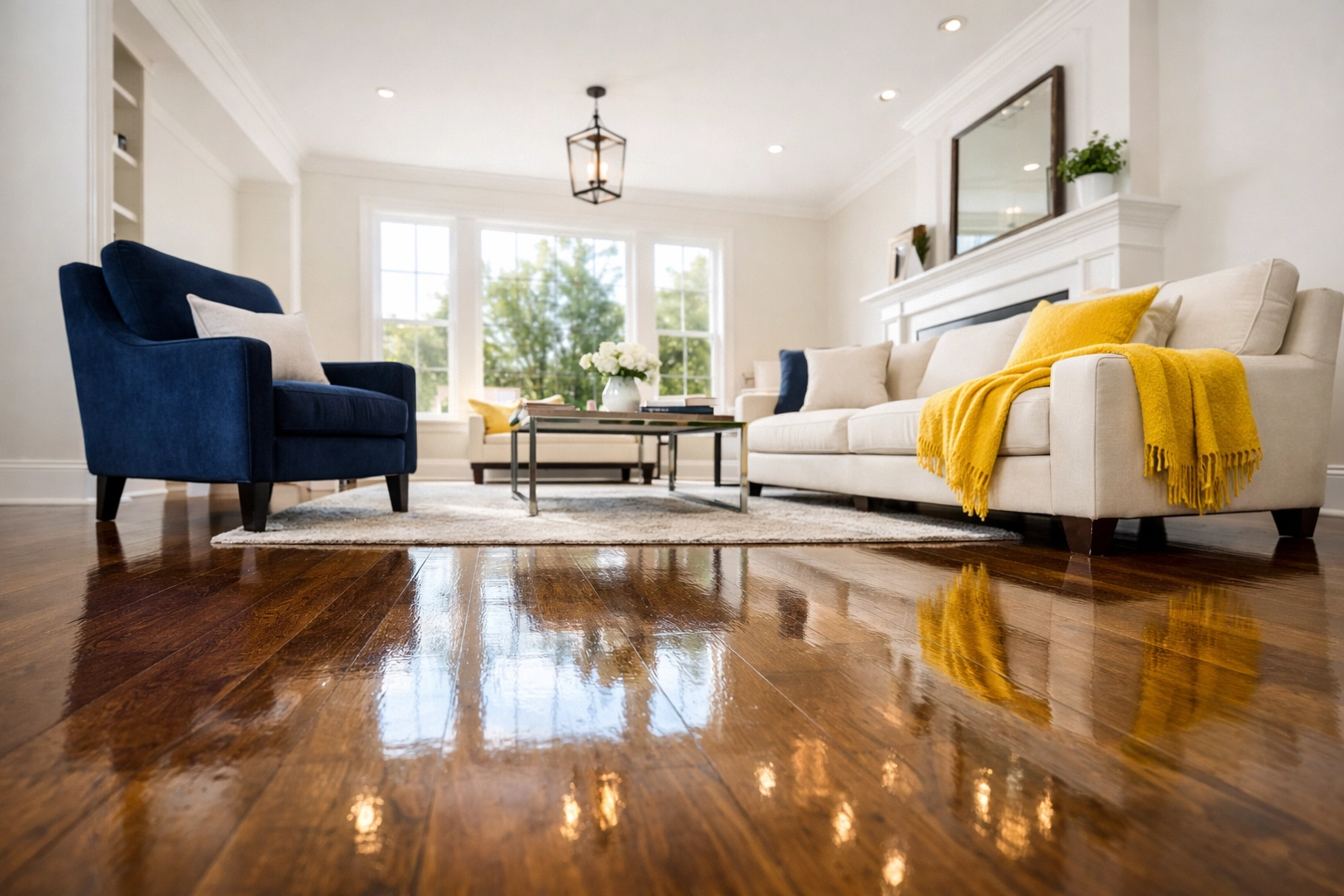Clean living room in a Stow MA rental with polished hardwood floors ready for move-out inspection.