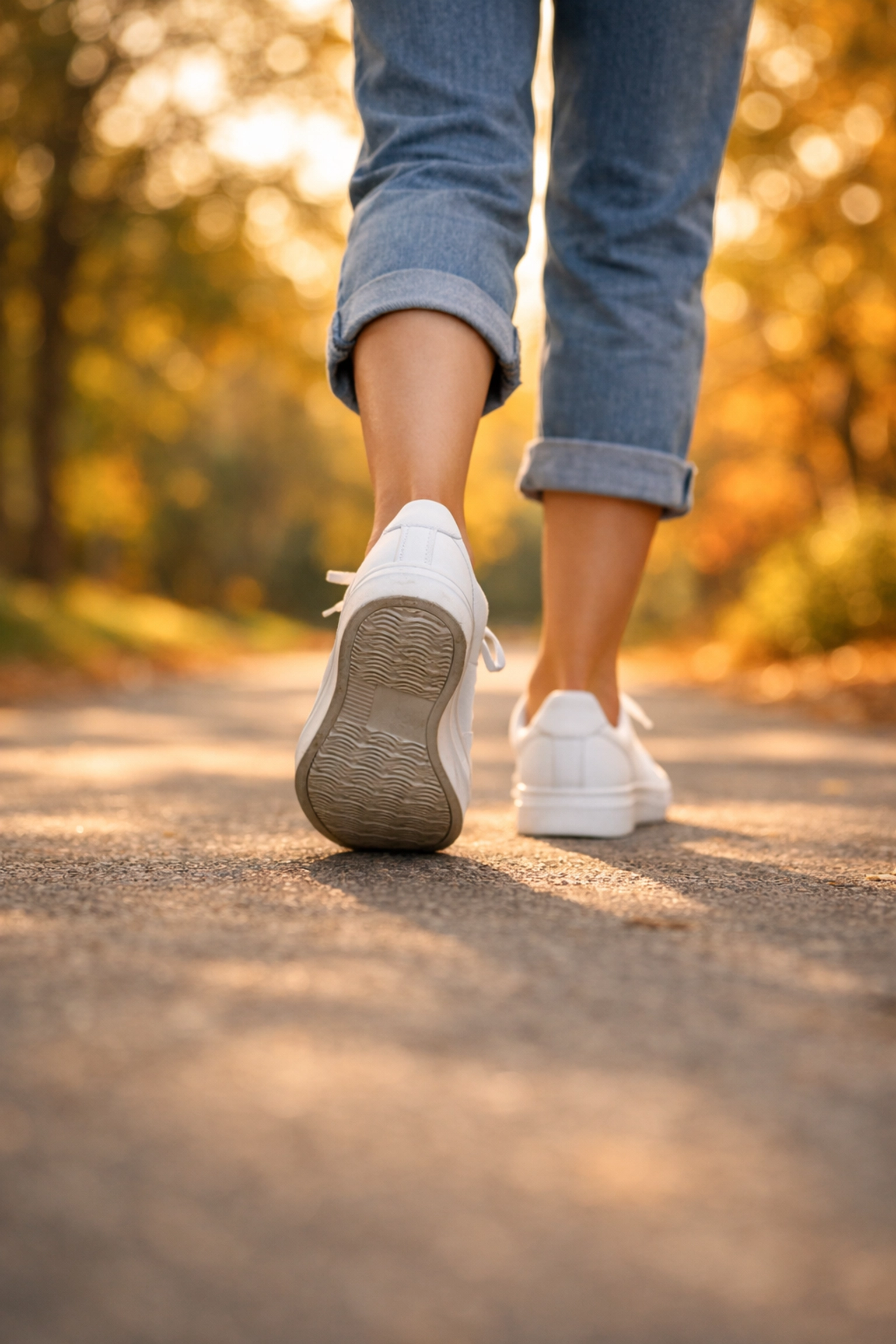 Person doing easy recovery walk on outdoor path on rest day