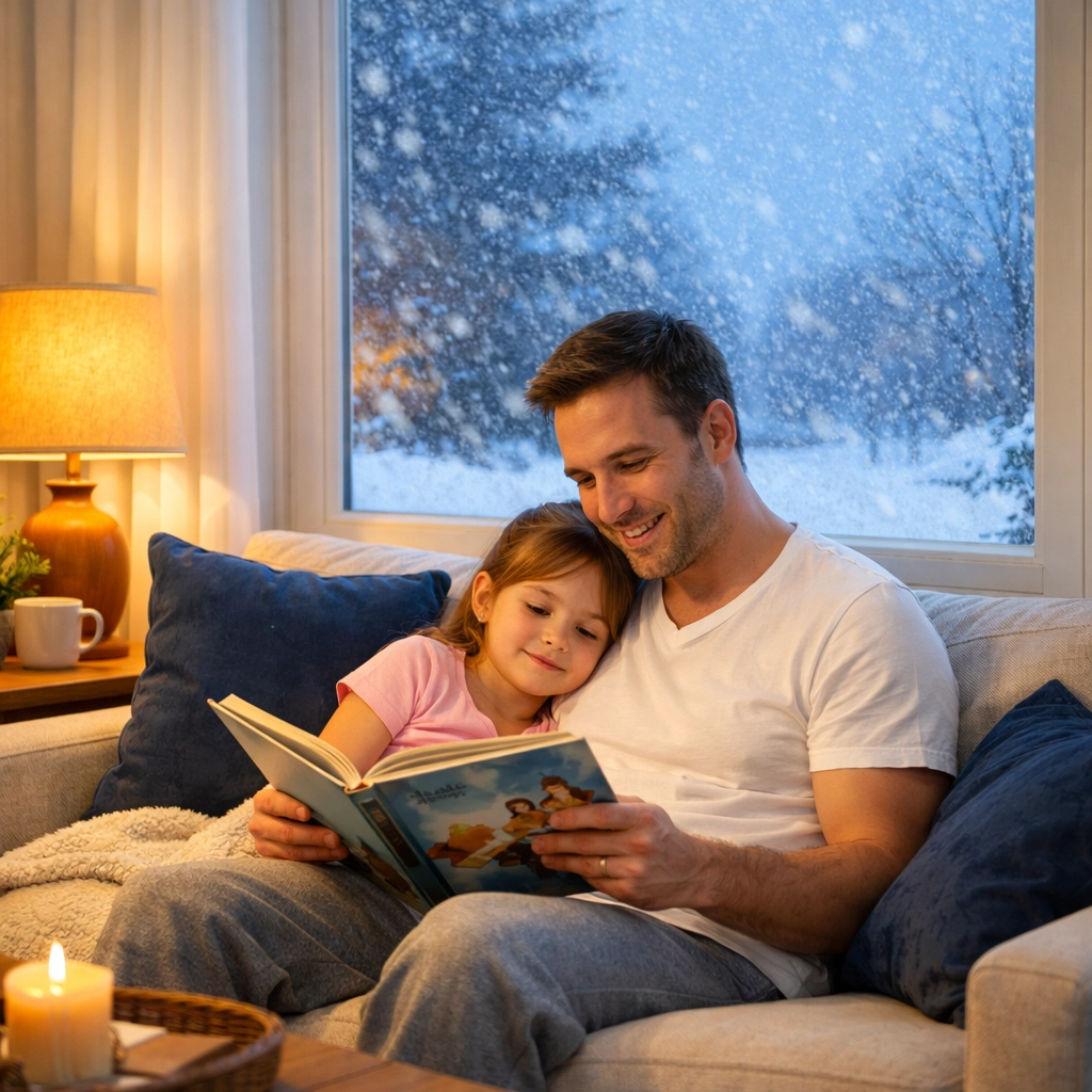 Buffalo family staying warm and comfortable inside during a snowstorm thanks to efficient heating.